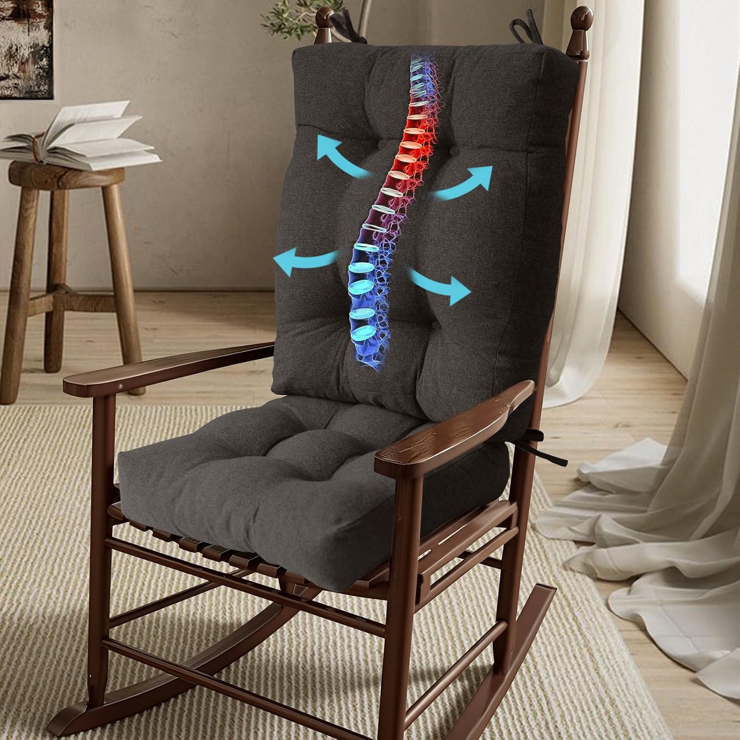 Rocking Chair Cushion, Set of 2, with Thicken Seat & Lumbar Support Back Cushion, Ergonomic Chair Cushion Non-Slip Bottom with Ties for Indoor/Outdoor Rocker, Office Chair, 22X17 Inch, Dark Grey