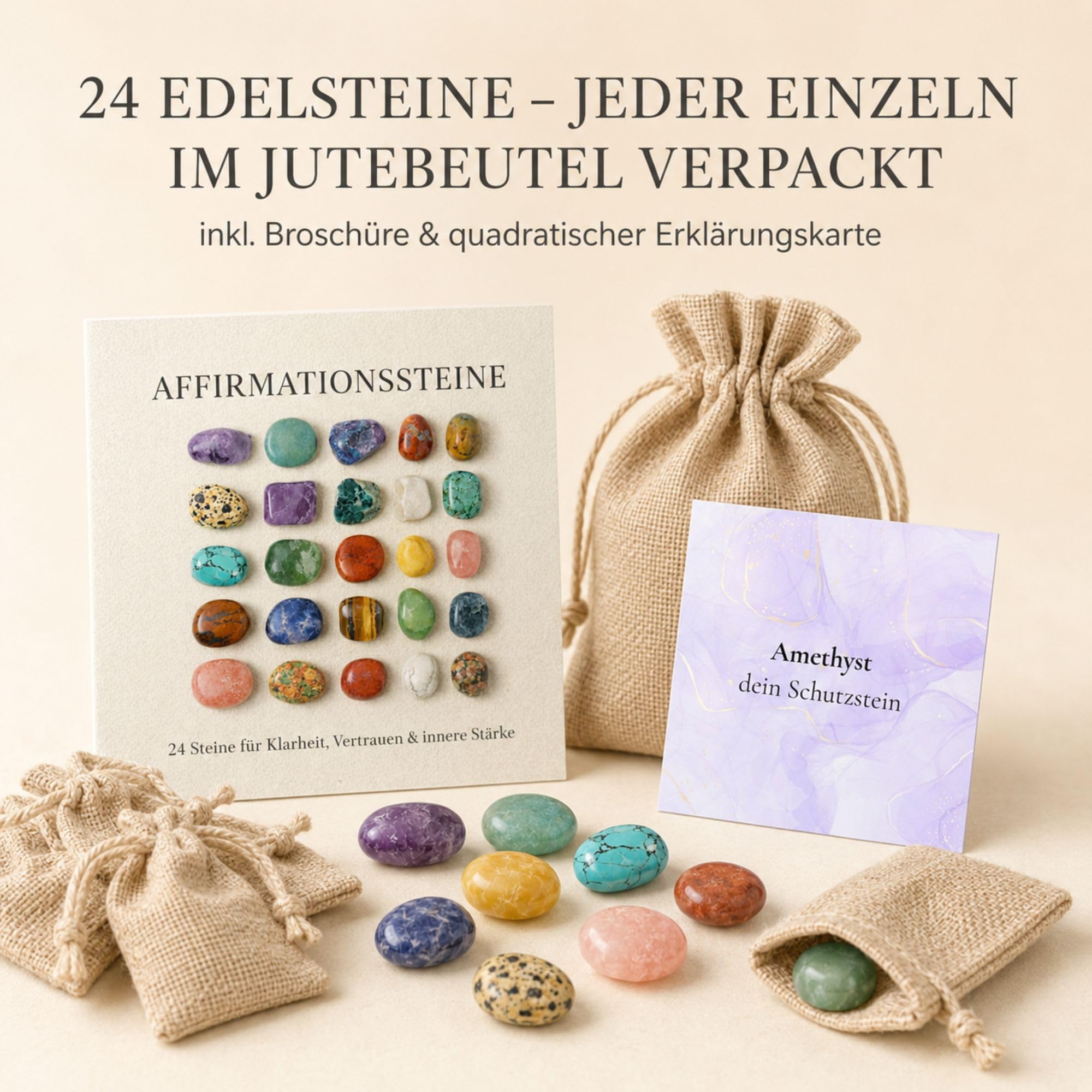 Milaboo Affirmationssteine Set – 24 Edelsteine mit Bedeutung & Karten – Geschenkset im Jutebeutel – Achtsamkeit, Motivation, innere Stärke – Geschenk für unterschiedliche Anlässe (24er Set 1)