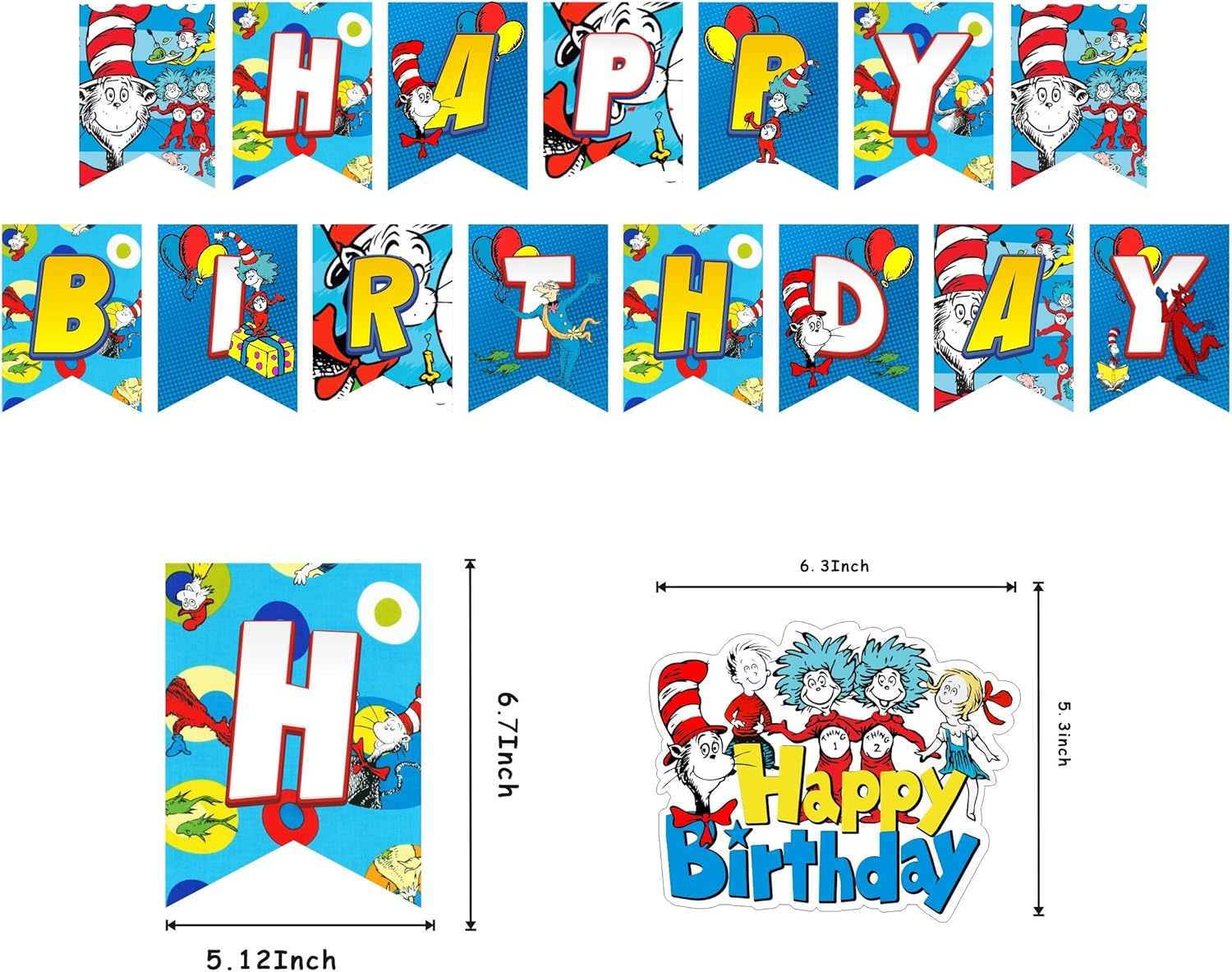 Cartoon For Dr. Seuss Party Supplies,Birthday Decorations Set Include Banner, Balloons, Hanging Swirls, Cake Cupcake Toppers for Boys Girls Party.