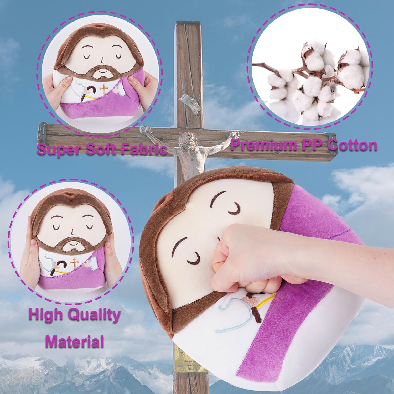 Jesus Plush Pillow Stuffed Animal - Jesus Doll with Cross Prayer Staff Perfect Christian Easter Gifts for Kids Adults Purple 10 Inch - Image 4