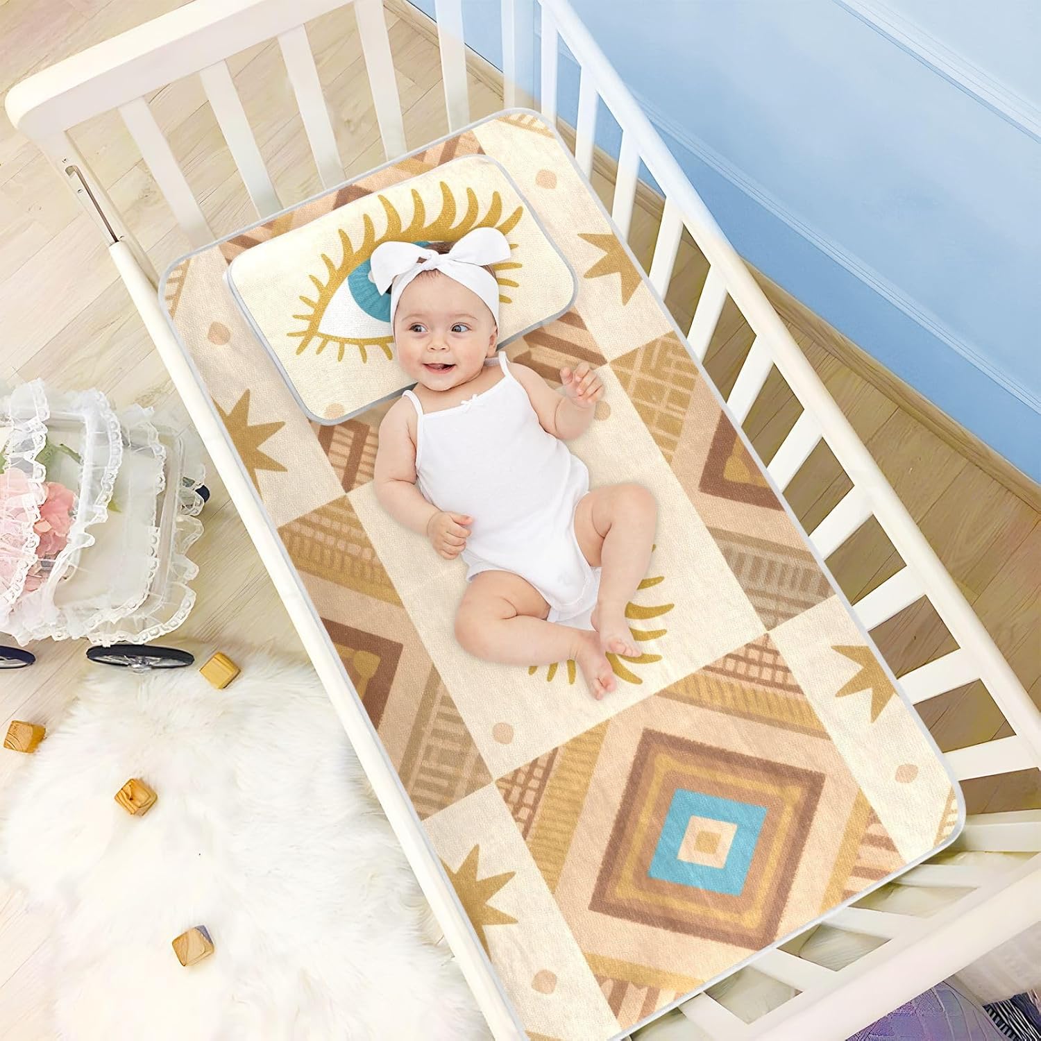 Boho Eyes Brown Plaid Cooling Baby Toddler Bed Mattress 28" x 52" Reusable Mattress Protector Pads for Baby&Toddler