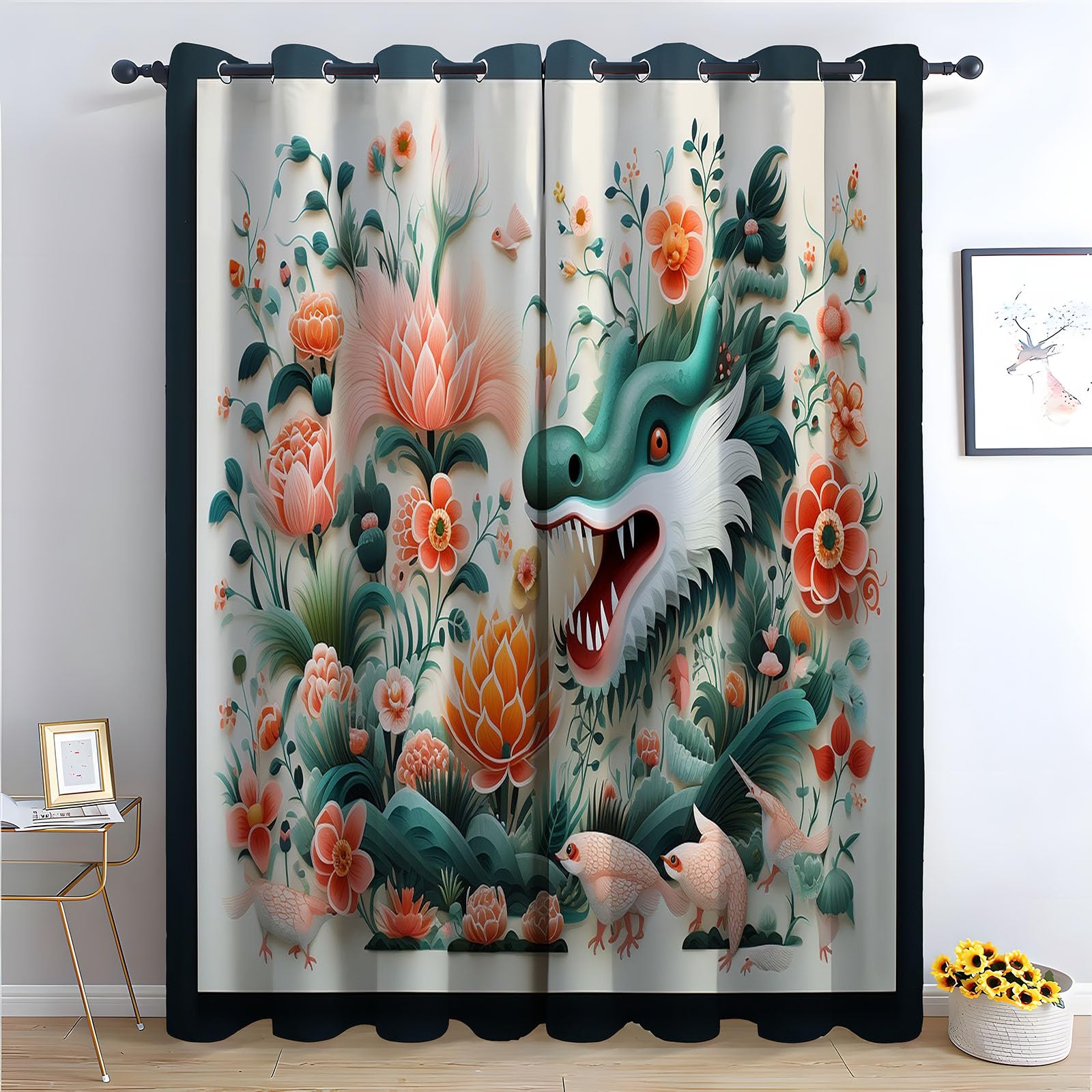 Isolation thermique de chambre avec rideau dragon vert et oiseaux