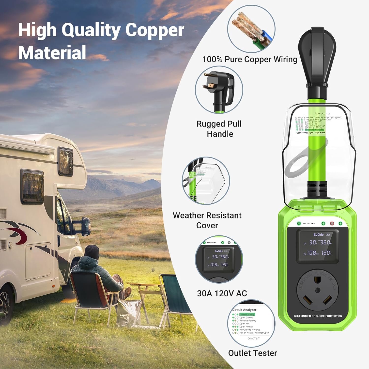 EyGde RV Surge Protector 30 Amp Waterproof - Smart 30 Amp Surge Protectors for RV with Real Time KWH, Voltage Monitor Surge Protector for Camper Travel Trailer(Green, 30A)