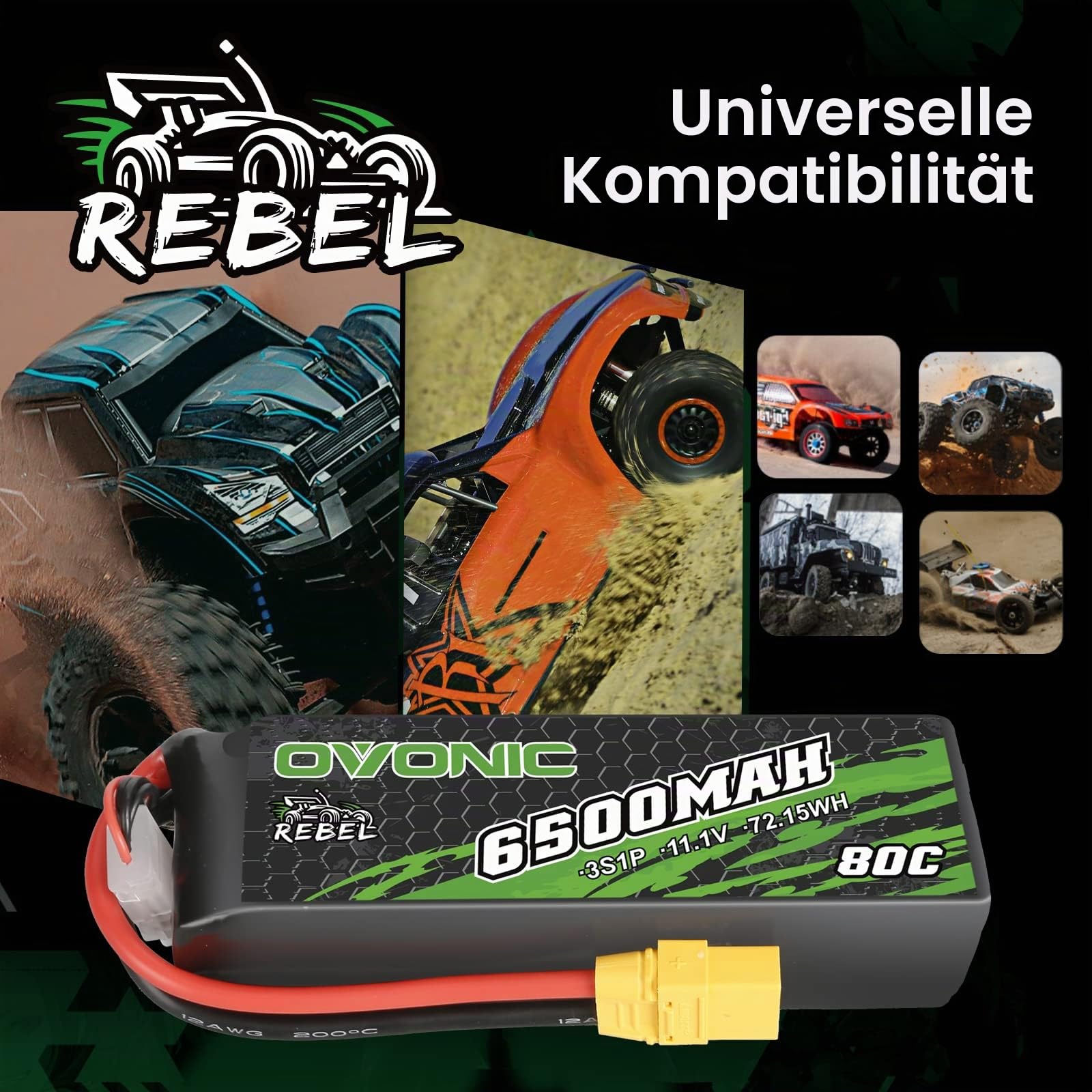 OVONIC 11.1V Lipo Akku 80C 6500mAh 3S RC Lipo Batterie mit XT90 Stecker für RC Car Monster Truck Crawler RC Hobby Hardcase