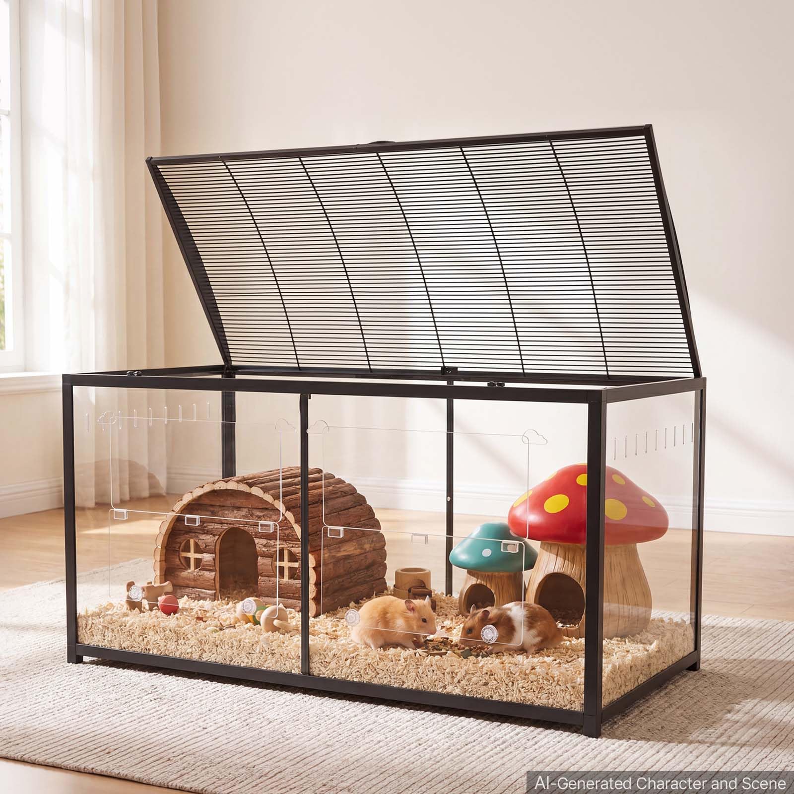 VEVOR Cage Hamster 120x60x64,5 cm 0,7 m² Habitat Rongeurs en Métal Vue 360° | Pour Gerbille, Cochon d'Inde, Petit Animal, Accès par Haut, Porte Frontale, Cadre Noir, Panneaux en Acrylique Transparent