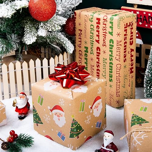 Miniatura 144 de Yarcony Papel kraft de regalo de Navidad, papel de regalo negro, árboles de Navidad de lujo, renos, copos de nieve, papel de estraza resistente
