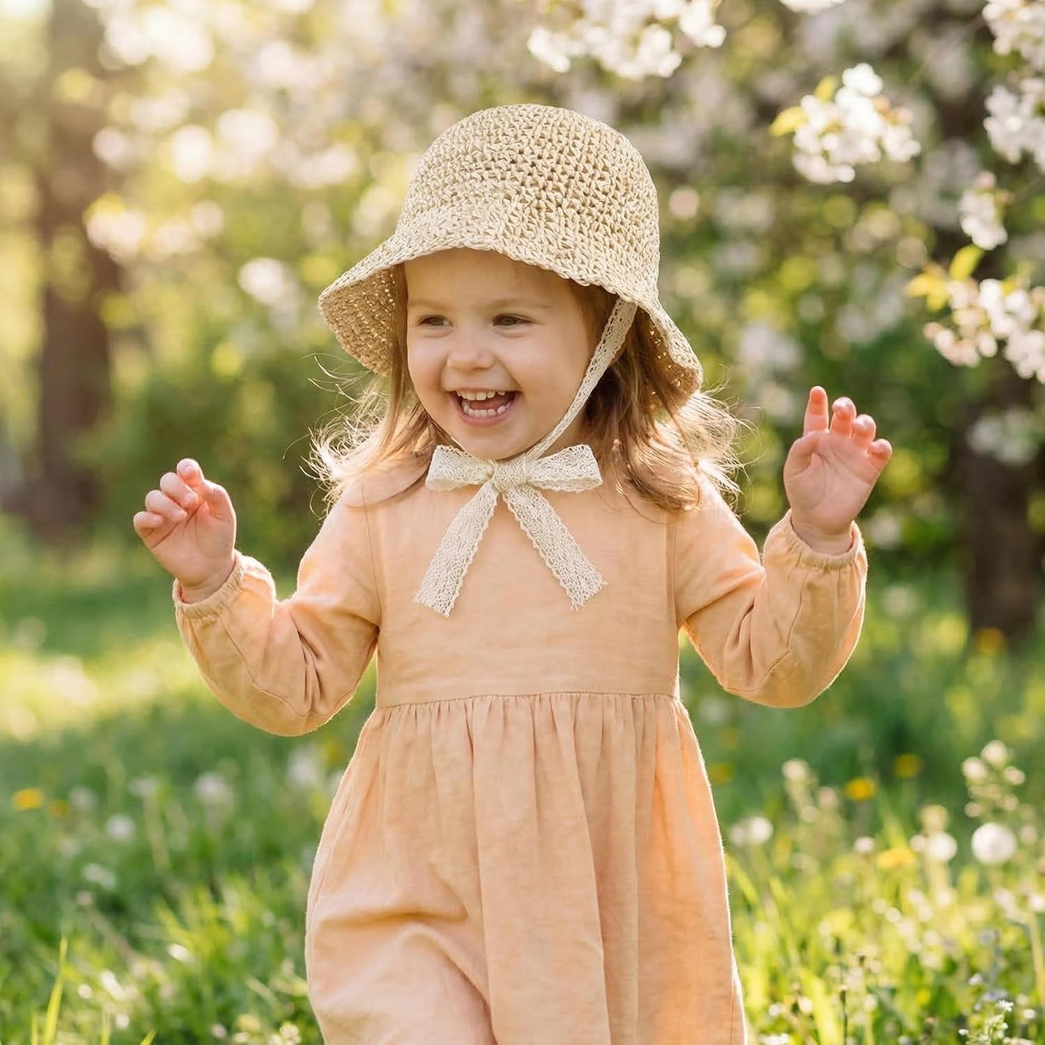 Baby Girl Straw Sun Hat, Toddler Summer Beach Hat, Soft Foldable Infant Sun Hat with Lace Bowknot, Outdoor UV Protection Cap