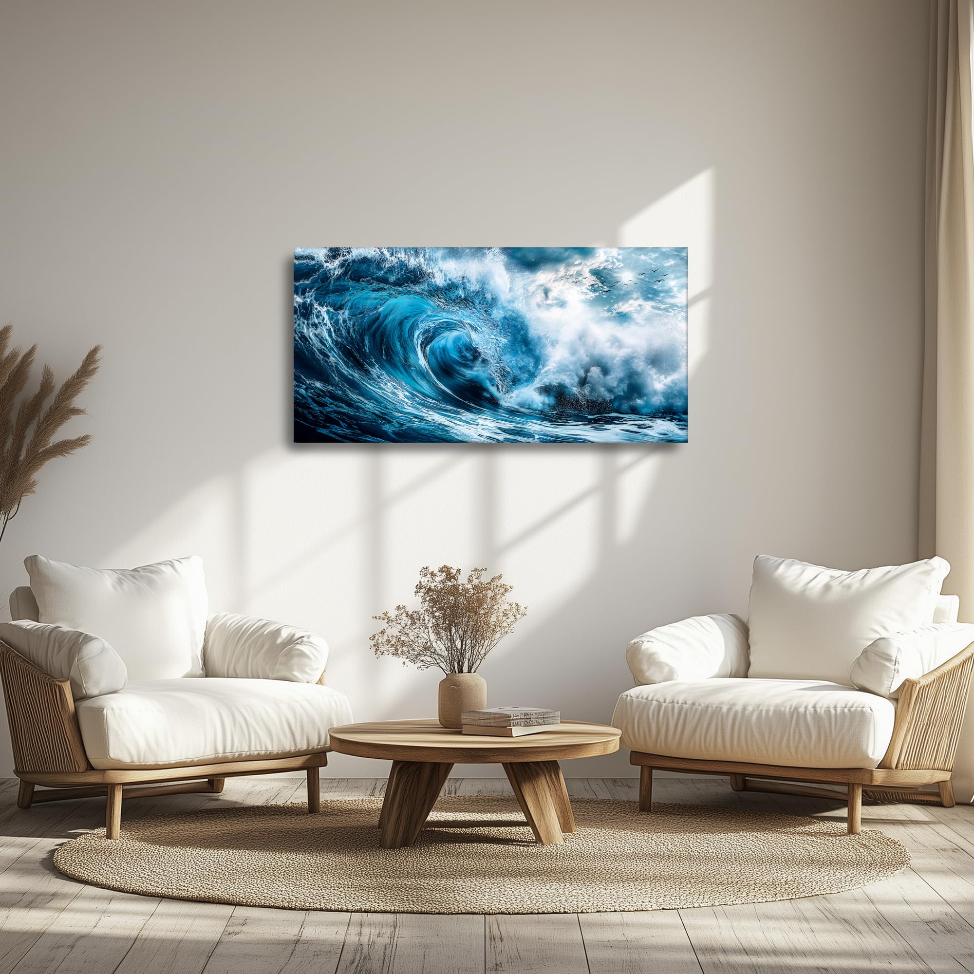hyidecorart Sztuka ścienna na płótnie, do salonu, duża, 51 x 102 cm, szorstkie fale, obrazy, wydruki, nowoczesna dekoracja sypialni, estetyczna, niebieskie dekoracje ścienne do biura, łazienki