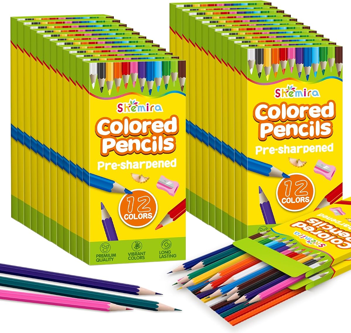 Juego a granel de lápices de colores de 144 piezas para niños, lápiz para colorear preafilado | Paquete de 12 lápices de colores borrables de 12 colores, útiles escolares para profesores de niños, útiles de regreso a la escuela