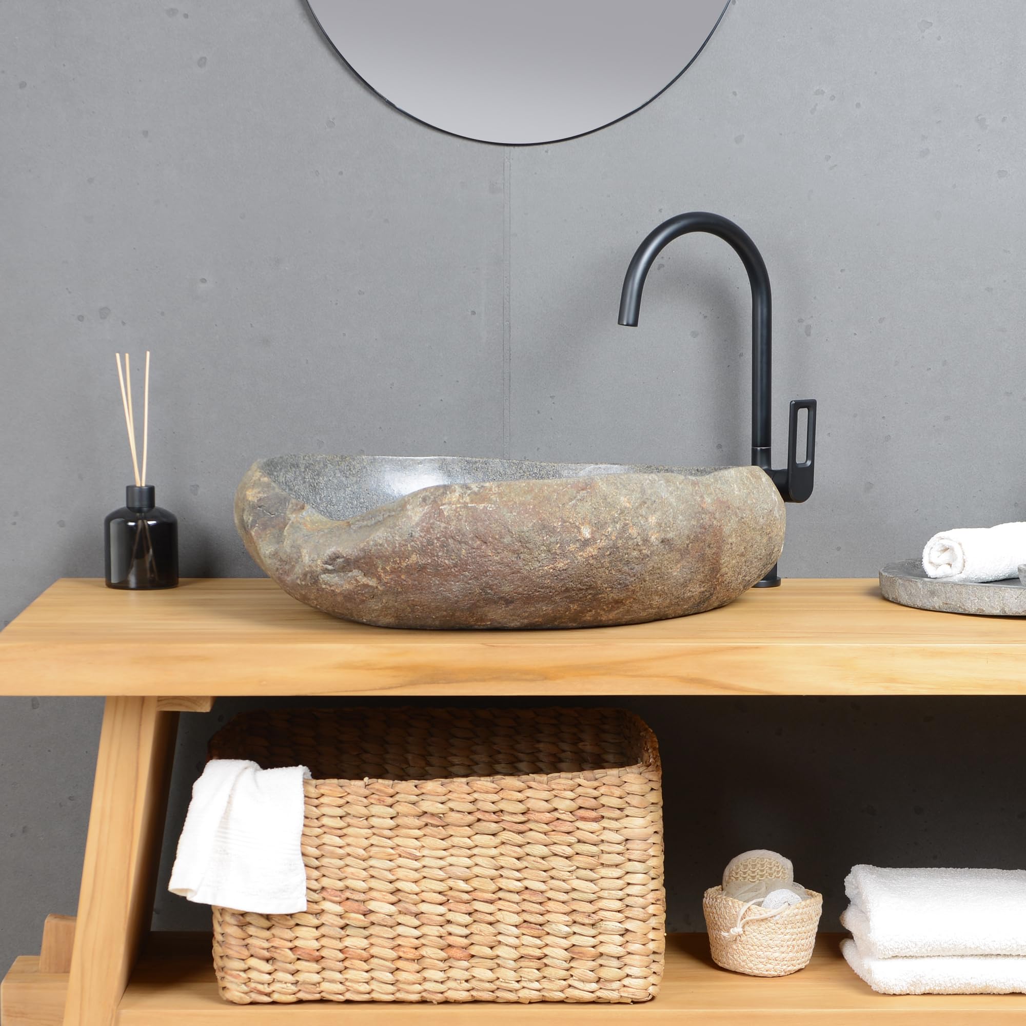 Stein Waschbecken Aufsatzwaschbecken aus Naturstein 60 cm Granitwaschbecken Flussstein Wohnfreuden