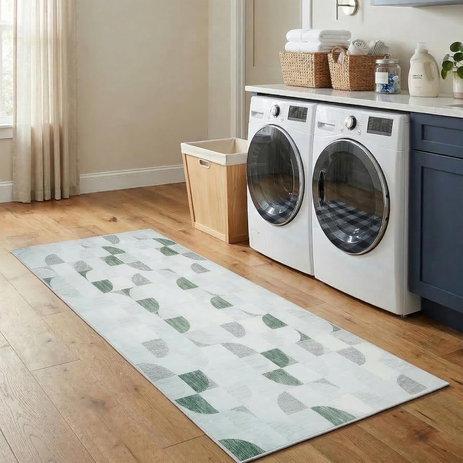 Washable Kitchen Runner Rug Checkered, 2x6 Green and White Geometric Modern Hallway Runner Rugs Non Slip, Soft Stain Resistance Carpet Runners for Entryway Bedside Bathroom Porch Laundry