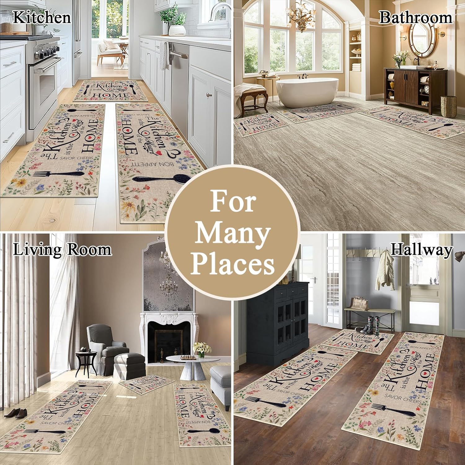 Vaukki Boho Kitchen Rug Sets 3 Pieces, Washable Kitchen Mats for Floor, Non Slip Soft Kitchen Area Rug Floor Mat for Kitchen, Laundry Room and Hallway (Spring Flower, 20''x32''+20''x47''+20''x59'')