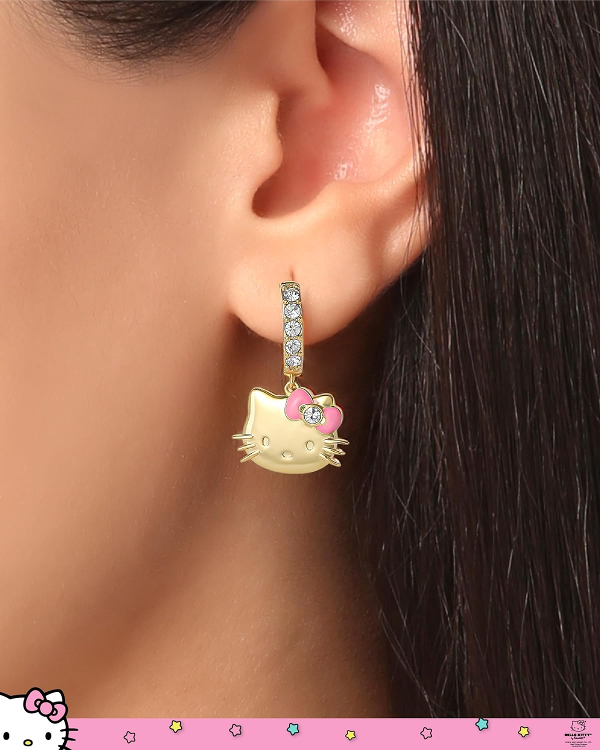 Hello Kitty Earrings for Women with Pave Crystals Official License, 18k Gold Flash-Plated Hello Dangle or Hoop Earrings