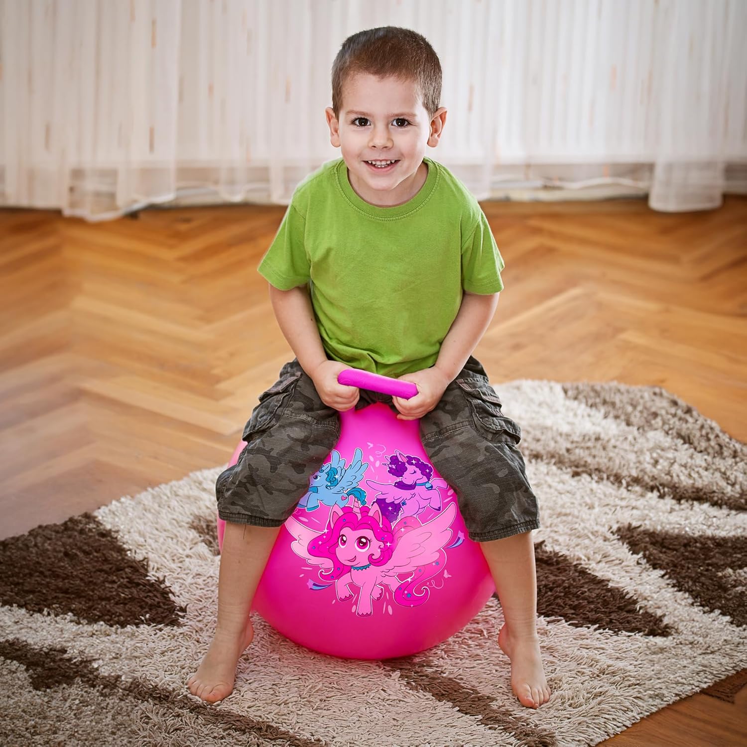 U&C Planet Hopper Ball, 18 inches Bouncy Ball with Handle for Kids Age 3-6, Hoppity Hop Sit and Bounce Jumping Hopping Toys with Pump & Gift Box, Great Gift for Boys Girls, Pink Unicorn