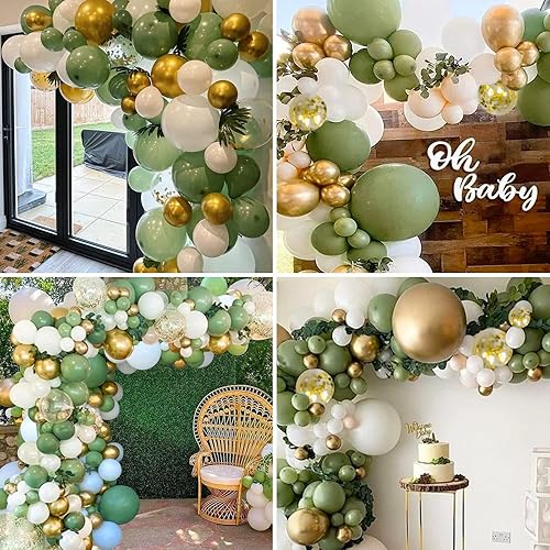 Miniatura 7 de CANREVEL Kit de arco de guirnalda de globos de color verde salvia, globos de confeti de oro blanco, globos de látex verde retro para fiesta de