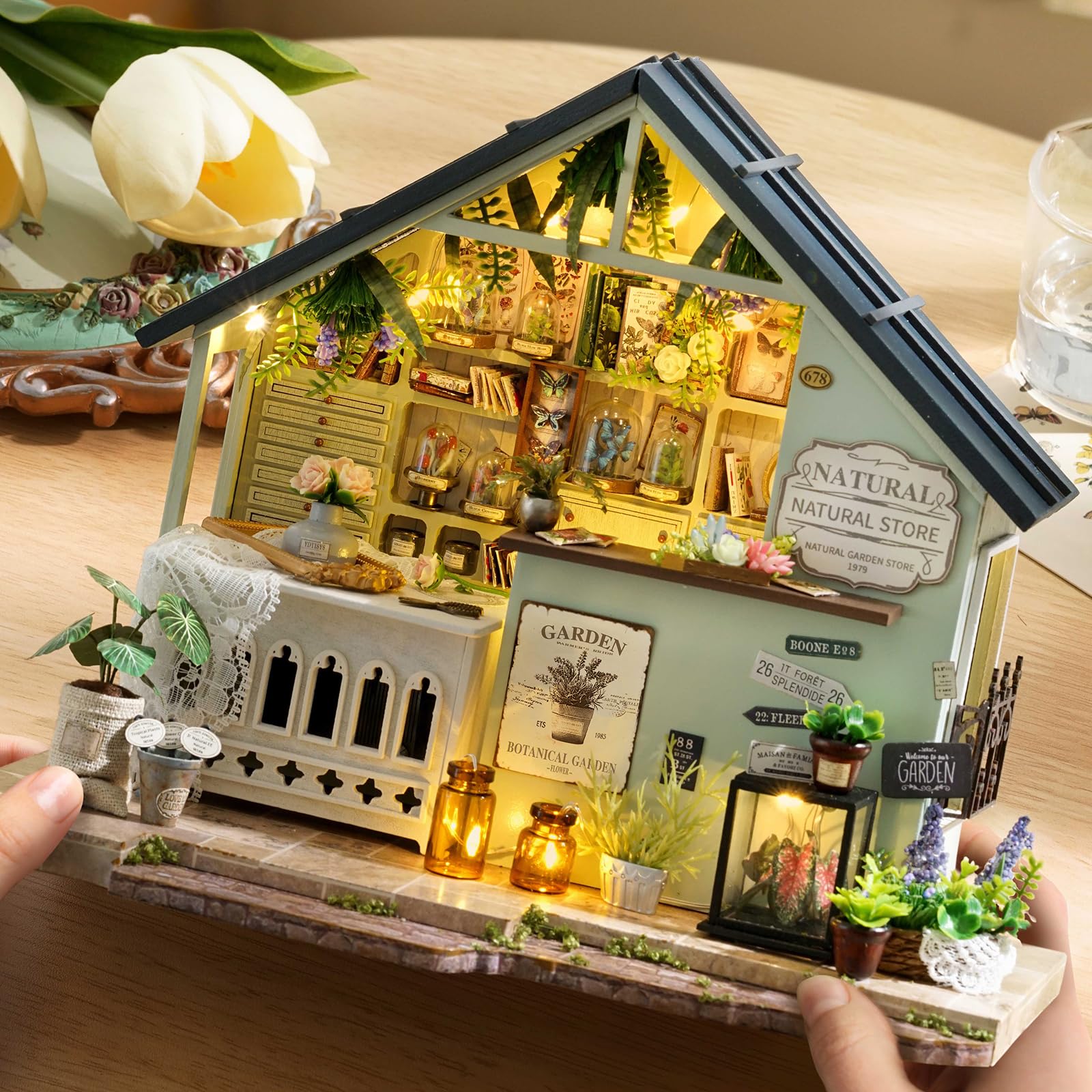 CUTEROOM Casa de muñecas en miniatura de madera DIY – Kit creativo de casa en miniatura para adultos, perfecto como decoración del hogar (estudio de plantas verdes)