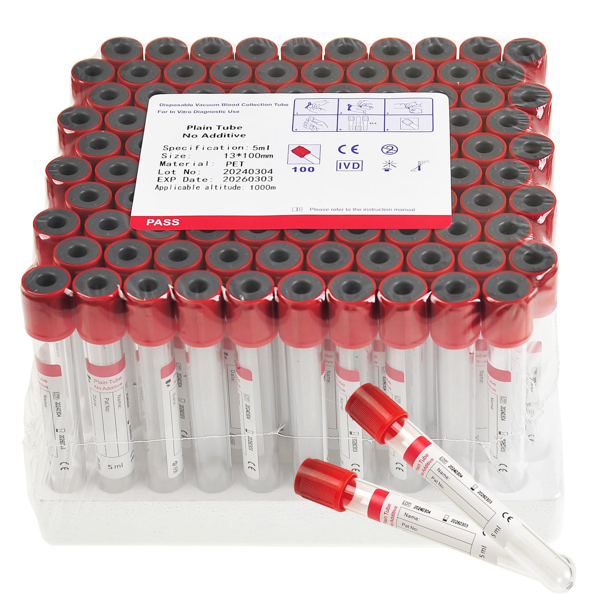 100 Provette di Vetro Sottovuoto per La Raccolta del Sangue 3ml | 3 Ml / 5 Ml / 10 Ml, Provette Monouso Sottovuoto per La Raccolta Del Sangue in Laboratorio Veterinario, Senza Additivi.