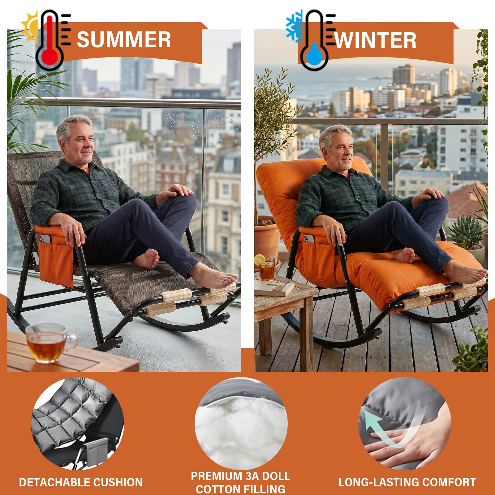 Fauteuil à Bascule Ergonomique, Rocking Chair Allaitement Silencieux avec Dossier et Repose-Jambes Réglables (5 Positions) et Repose-Pieds Massant, Chaise Relax en Cuir Anti-rayures, 150kg (Orange)