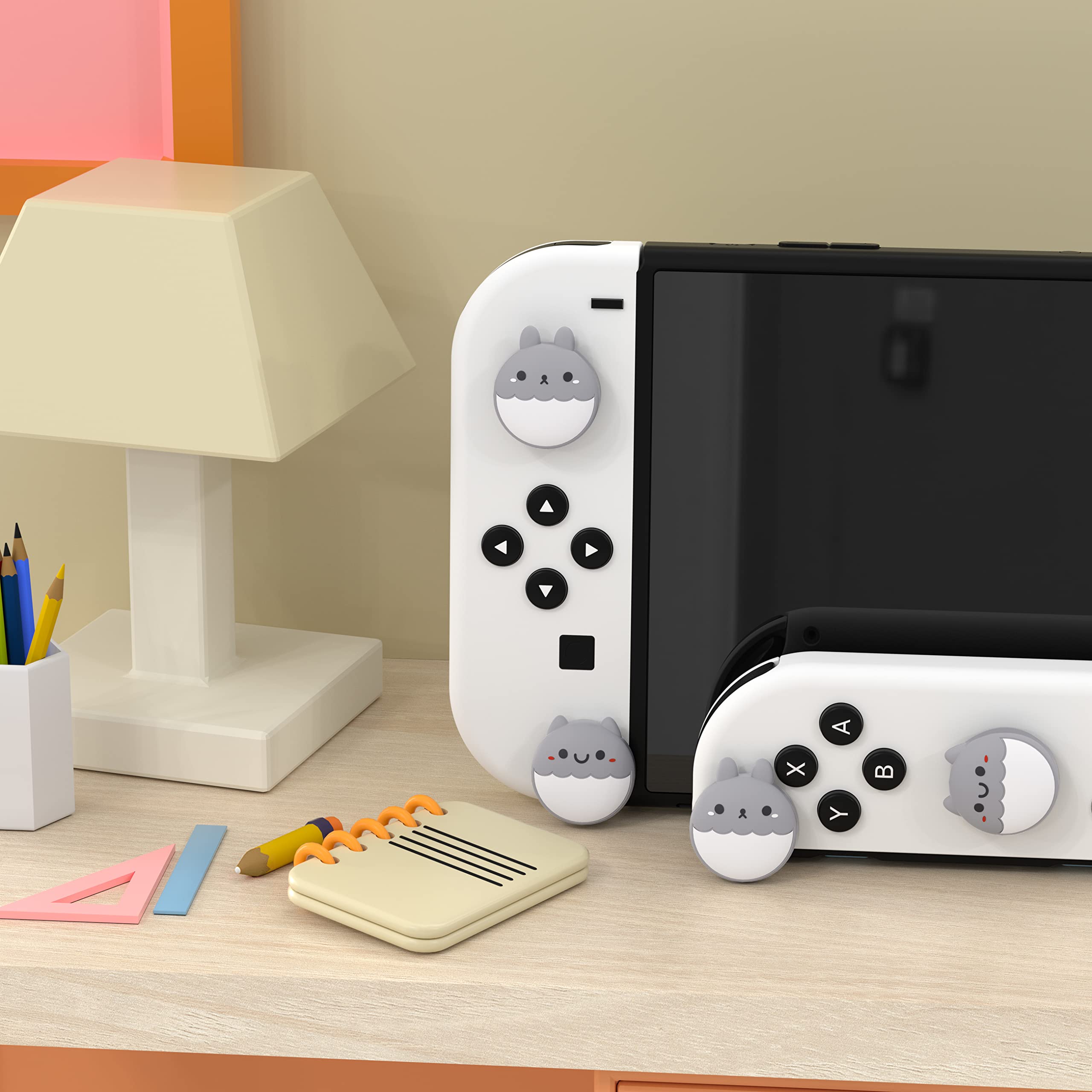 eXtremeRate PlayVital Capuchon Joystick pour Switch/OLED Joycon Cover de Stick,Thumb Grip Caps pour Nintendo Switch Lite,Prise de Pouce-Gris Clair,Lapin&Écureuil - 3