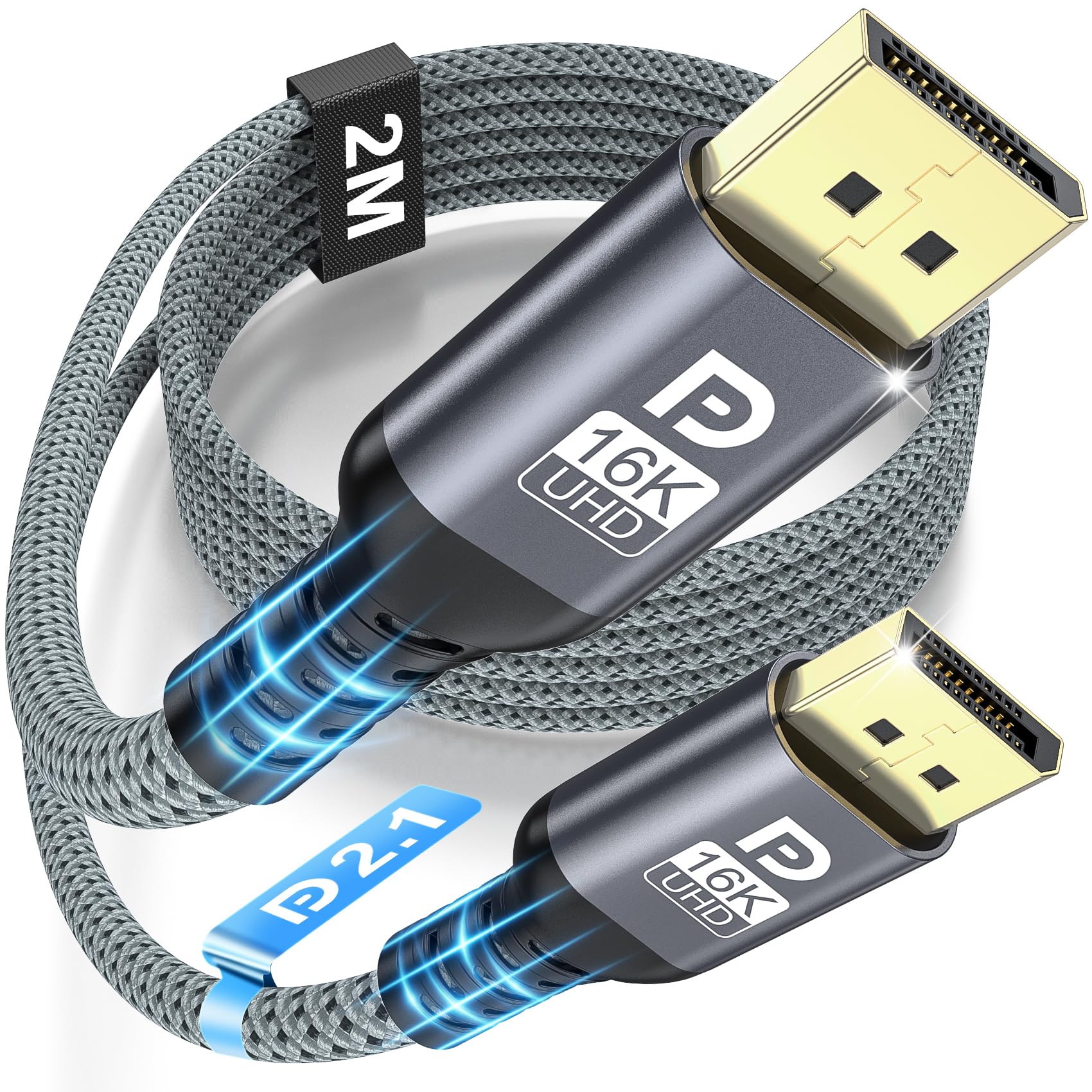 Kabel DisplayPort 2.1 16K, Kabel DP 2 m do Gry, 16K@60Hz/8K@120Hz/4K@240Hz/165Hz/144Hz, Obsługuje 80Gbps, HDR, FreeSync, G-Sync, DSC 1.2a, HDCP 2.2 dla PC, HDTV, Monitor,Laptop,KartyGraficzne