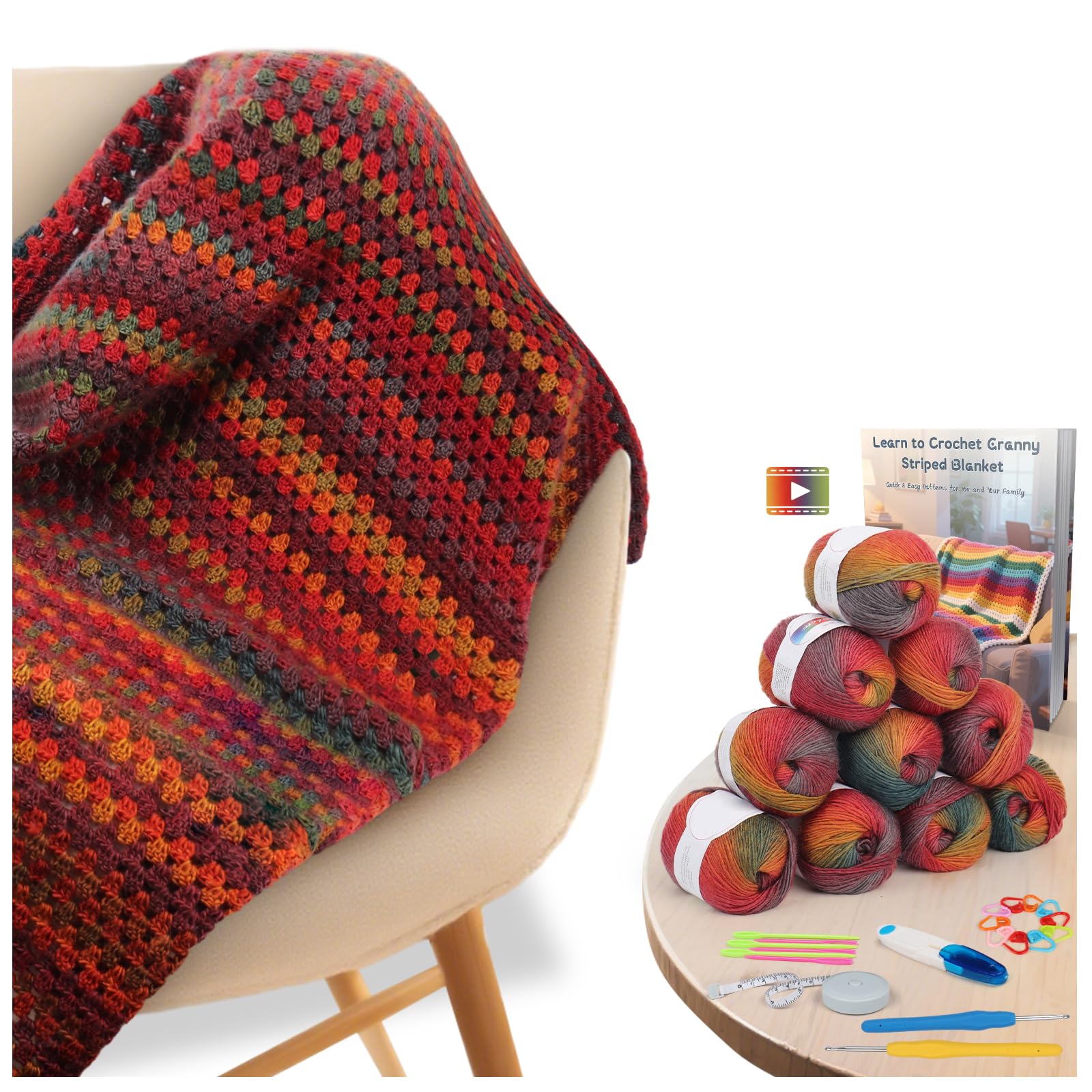 Aeelike Kit de ganchillo para principiantes, manta arcoíris degradado, kit completo de ganchillo para principiantes con hilo de lana suficiente y cálido, tutoriales de videos, kits de tejer fáciles