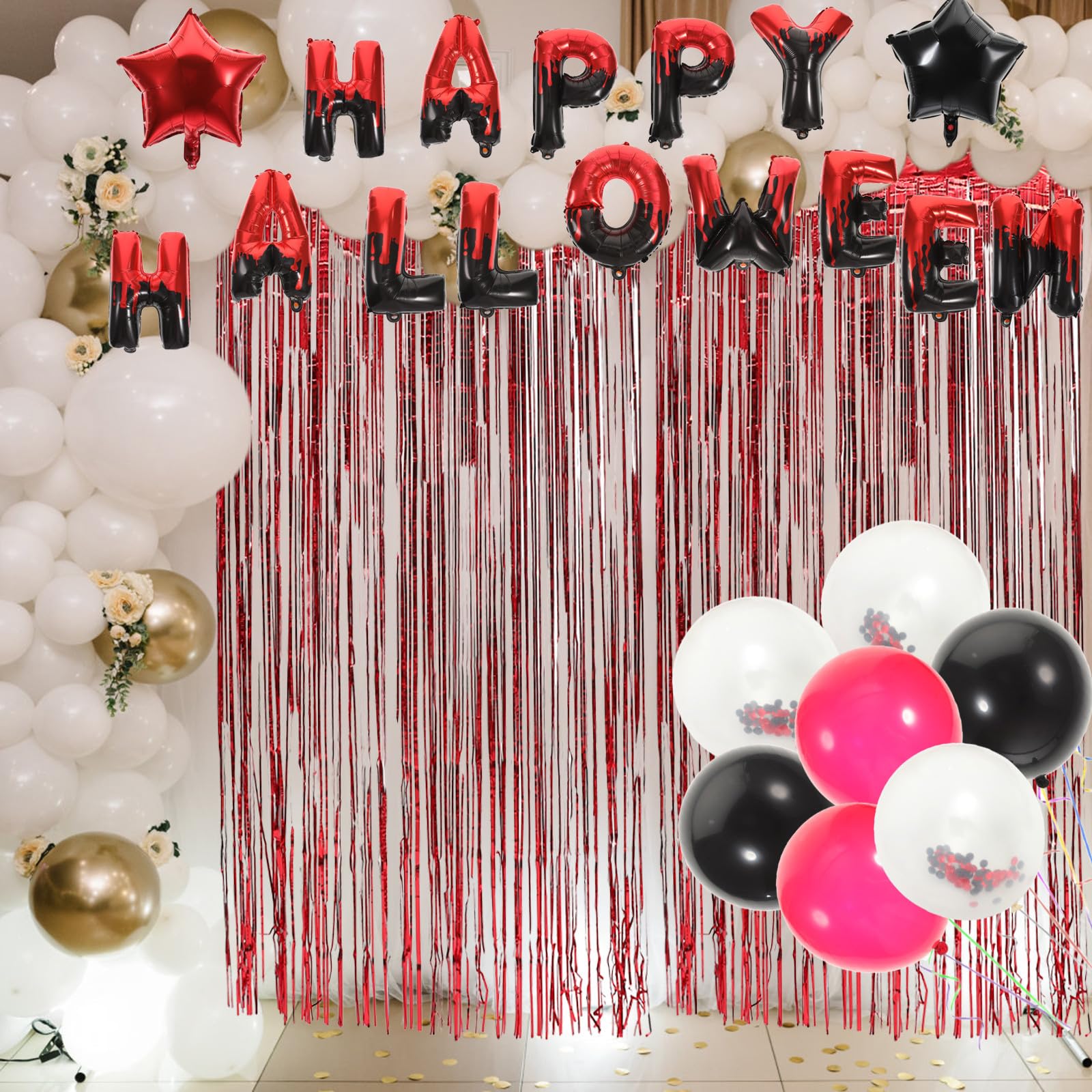 SEWACC 3 Ensembles Ensemble de Décoration Halloween Ballons Noirs et Rouges en Latex et Papier pour Restaurants et Hôtels, Rideau de Confettis pour Fête Thématique Halloween
