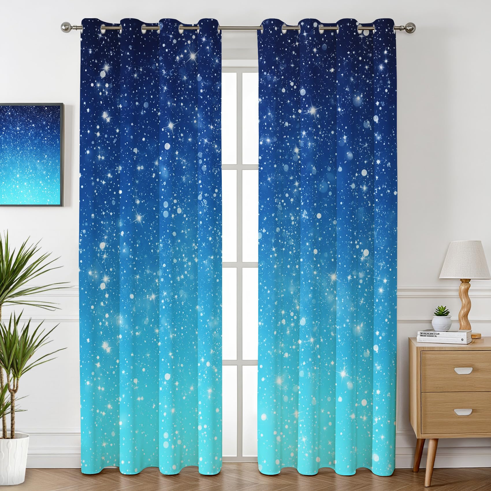Glitzer Sternenhimmel Vorhänge Blickdicht mit ösen Blau Gardinen Galaxy Muster Gardinen Wohnzimmer Verdunklungsvorhänge für Schlafzimmer Fenster Vorhang 200 cm Lang 2er Set
