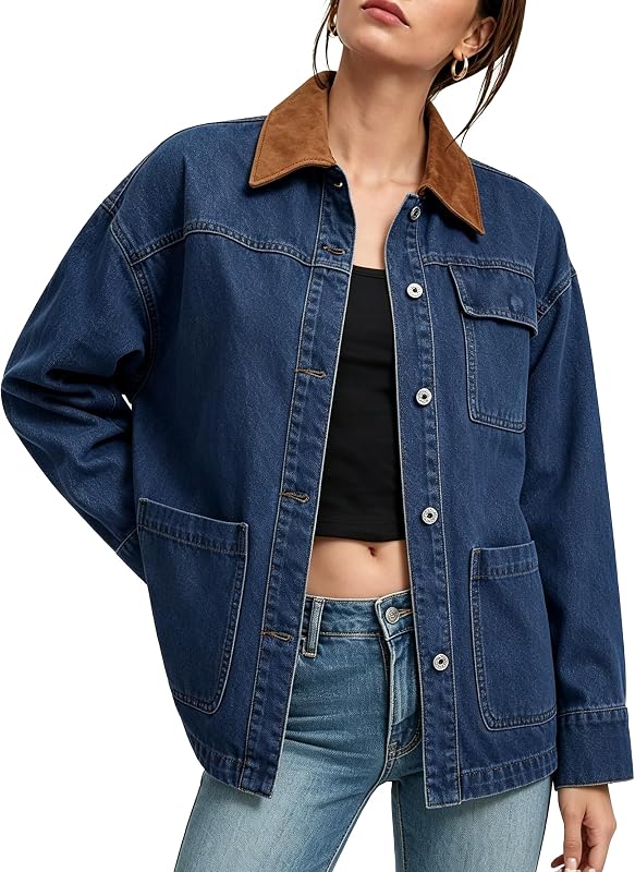 Womens Oversized Denim Jacket 2025 Trendy Button Up Long Sleeve Jean Jacket with Faux Suede Collar Fall Barn Coat