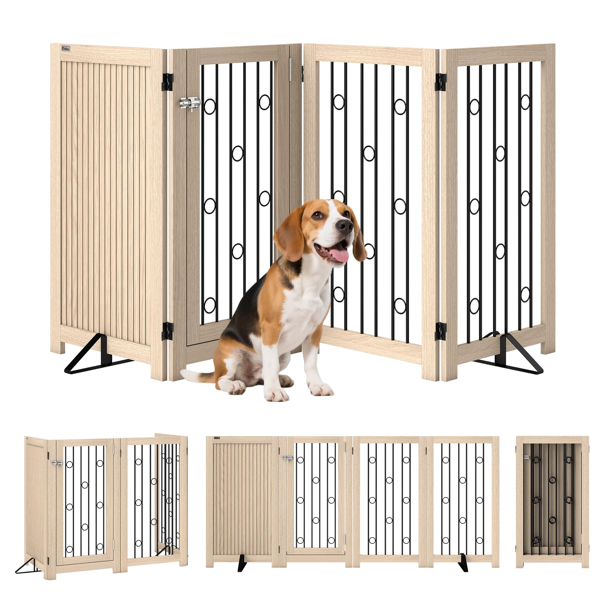 PawHut - Rejilla de protección para perros independiente, HxAn: 91,5 x 205 cm Rejilla plegable para perros con 2 patas de apoyo, puerta con cerradura, rejilla para mascotas para cocina, chimenea