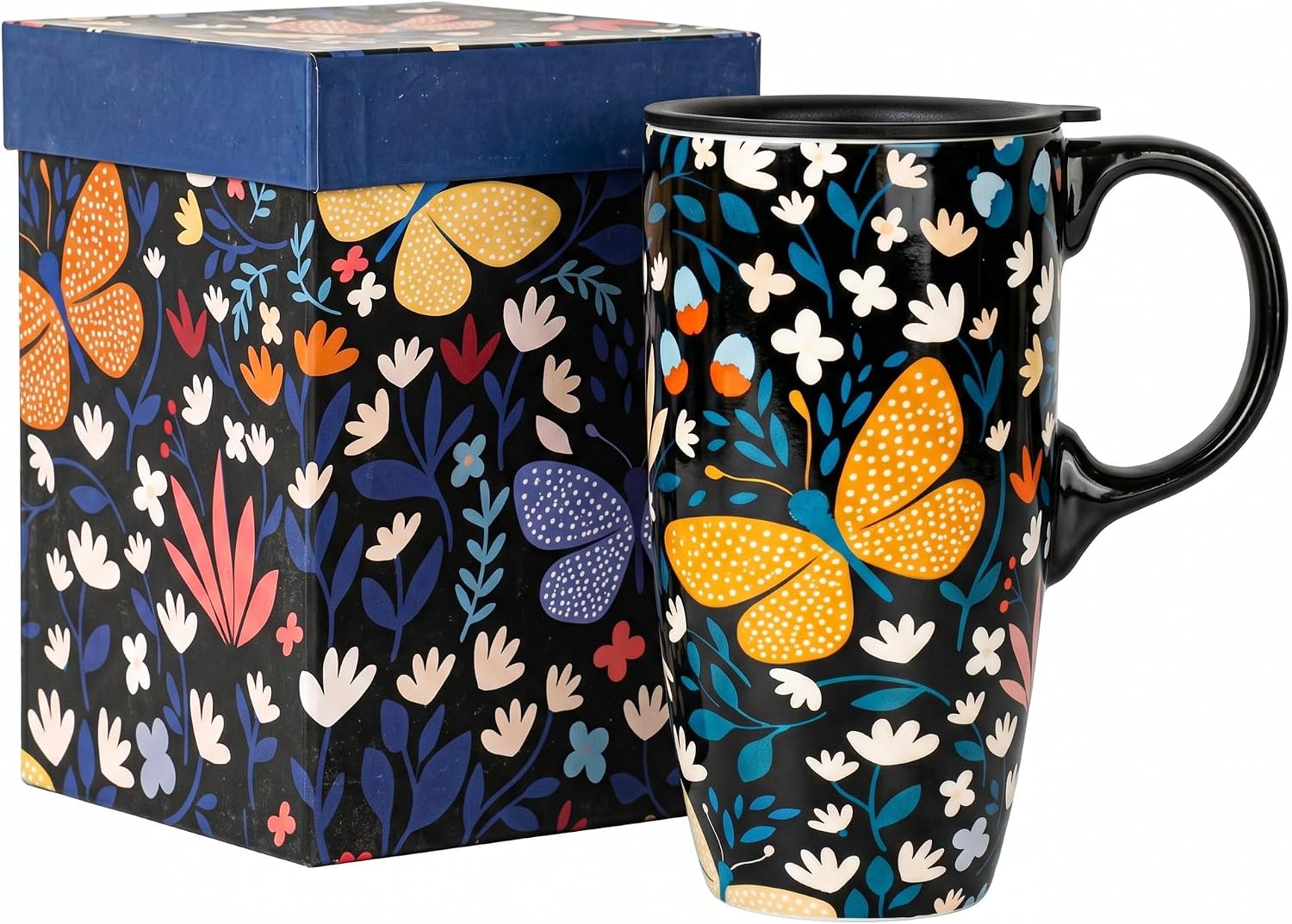 Topadorn 17oz Ceramic Travel Mug with Lid, Butterfly Coffee Mug with Handle