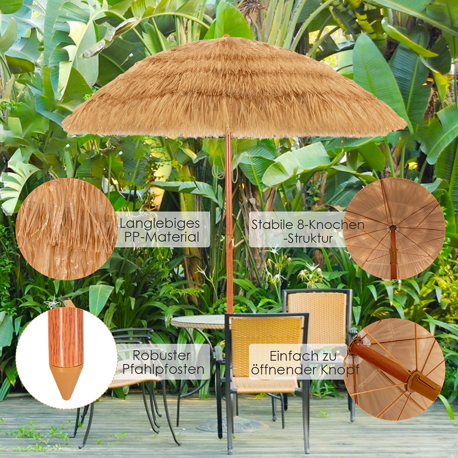 COSTWAY Sombrilla hawaiana, diámetro 175 cm, paja, plegable 30°, para jardín, balcón, playa, naturaleza