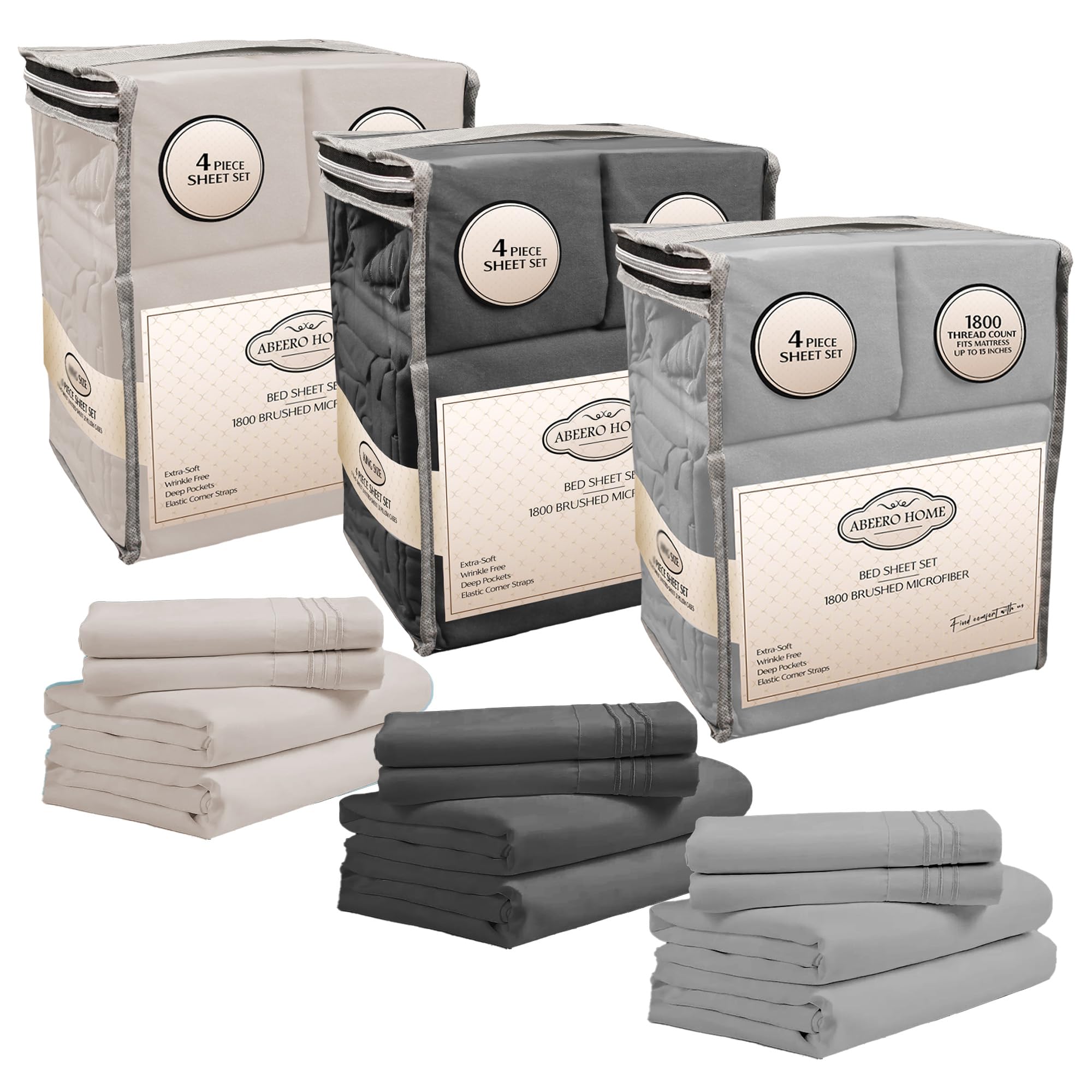 Abeero Home Luxury Queen Size Sheet Set Bundle - 3x4 Piece Premium Hotel Bedding in Beige Gray Light