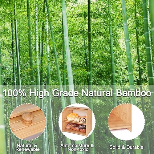 Miniatura 7 de Caja de pan de bambú para encimera de cocina, doble capa Roll-top cajas de almacenamiento de pan conservador de alimentos con estante medio ajustable