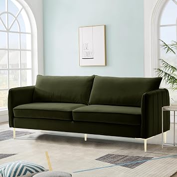85" Velvet Couch,3-Seater Loveseat Sofa with 2 Pillows, Luxurious Modern Velvet Futon Sofa with 4 Metal Legs for Living Room Green, 85"