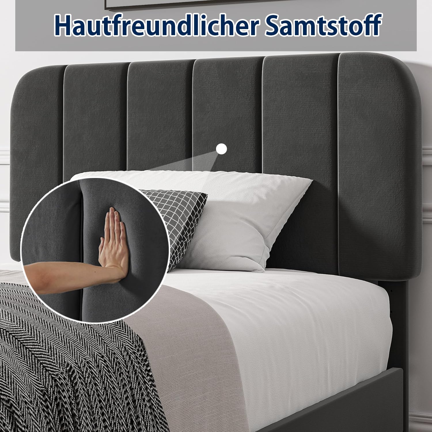VECELO Polsterbett 90x200 cm mit Lattenrost Rückenlehne, Hautfreundlicher Samtstoff, Bett Einzelbett Jugendbett(Ohne Matratze), Legierter Stahl, Grau