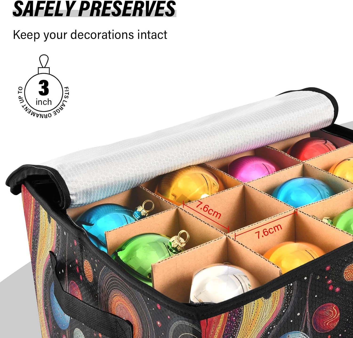 High Capacity Christmas ornament storage containers Holds Up to 64, Zippered Top Foldable Holiday Storage Case with Lid,Colorful Space Planets and Earth