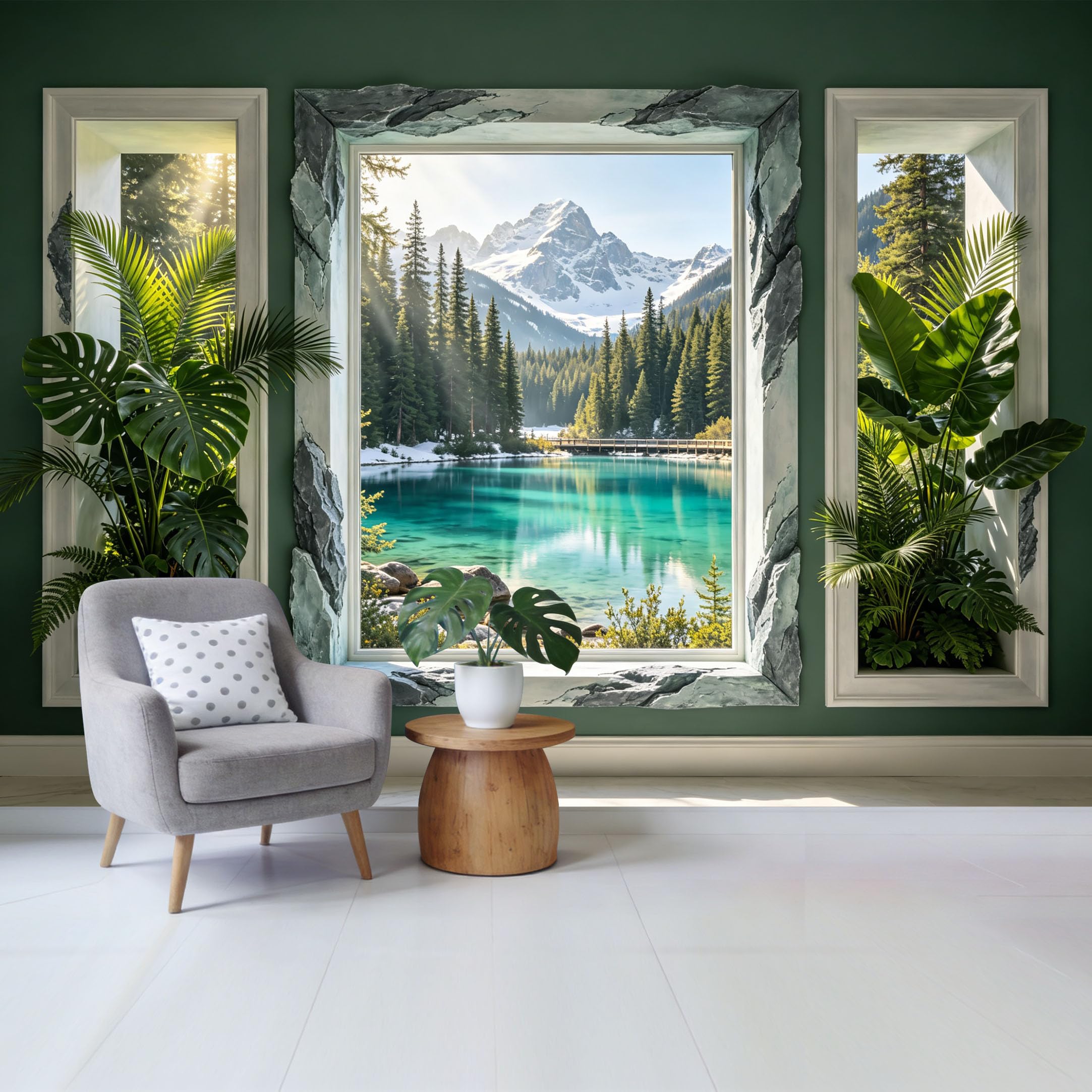 Removable Self Adhesive Fabric Mural， 3D Window View Mountain Lake Forest Tropical Botanical Custom Size Wall Covering， UV Protected Waterproof Washable Wall Decor for Living Room Bedroom