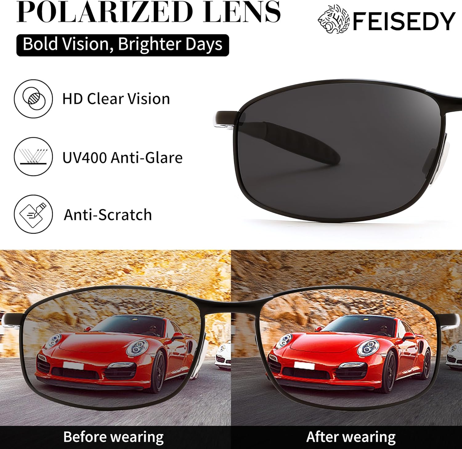 FEISEDY Trendy Polarized Sunglasses For Men Rectangle Metal Frame Retro TAC UV400 Lens Driving Fishing Outdoors Sports B0389