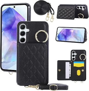 Samsung Galaxy A36 5G Case Galaxy A36 5G Phone Case Back Cover PU Leather Galaxy A36 5G Flip Case with Shoulder Strap Storage Pocket Finger Loop Protective Case Stand Function Smartphone Case