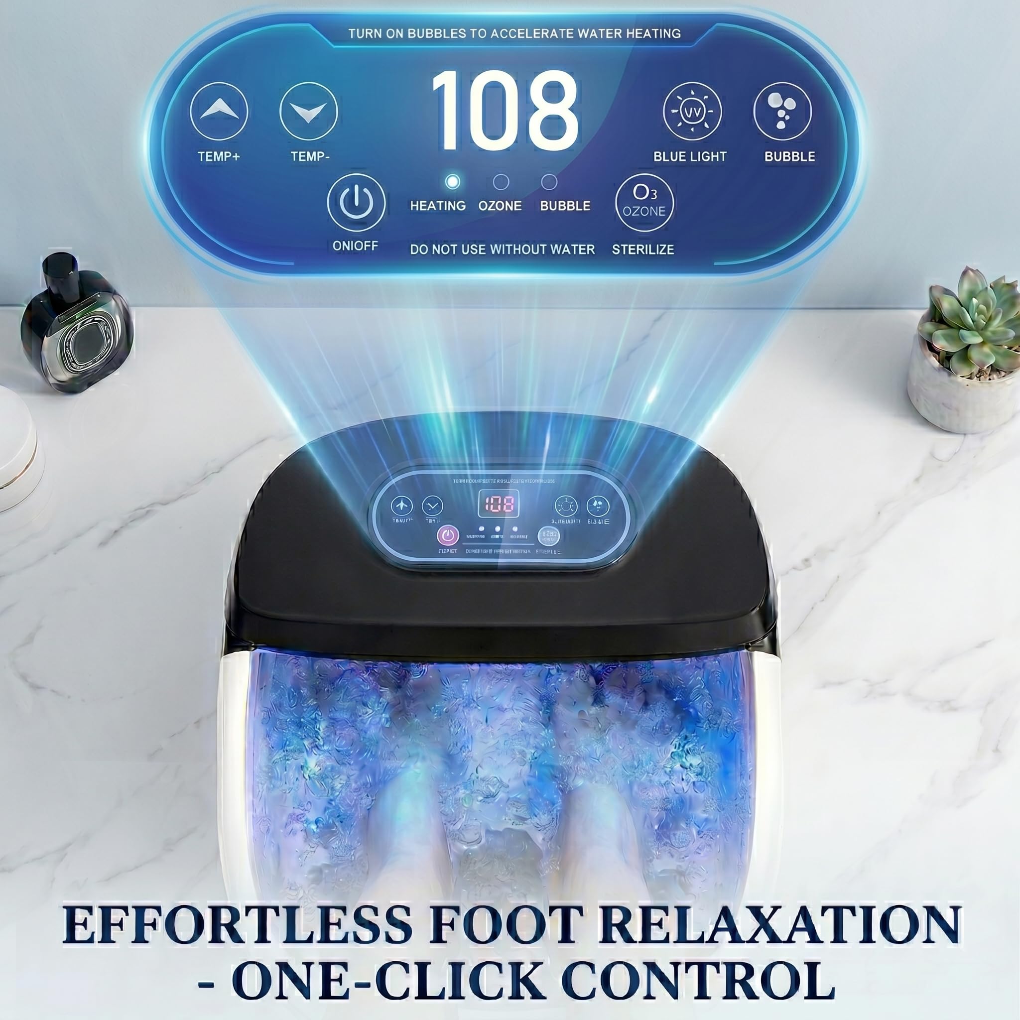 RIGHTMELL Spa per piedi con ozono e luce blu, massaggio a bolle e 8 rulli, temperatura costante regolabile (35 ° C-47,8 °C), massaggiatore per piedi di grande capacità con sale Epsom, per rilassarsi a
