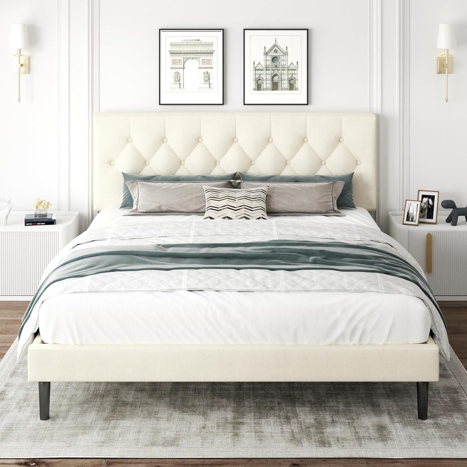 king size bed frame with upholstered headboard, button tufted design, strong wooden slats, no box spring needed, easy assembly, noise free beige king