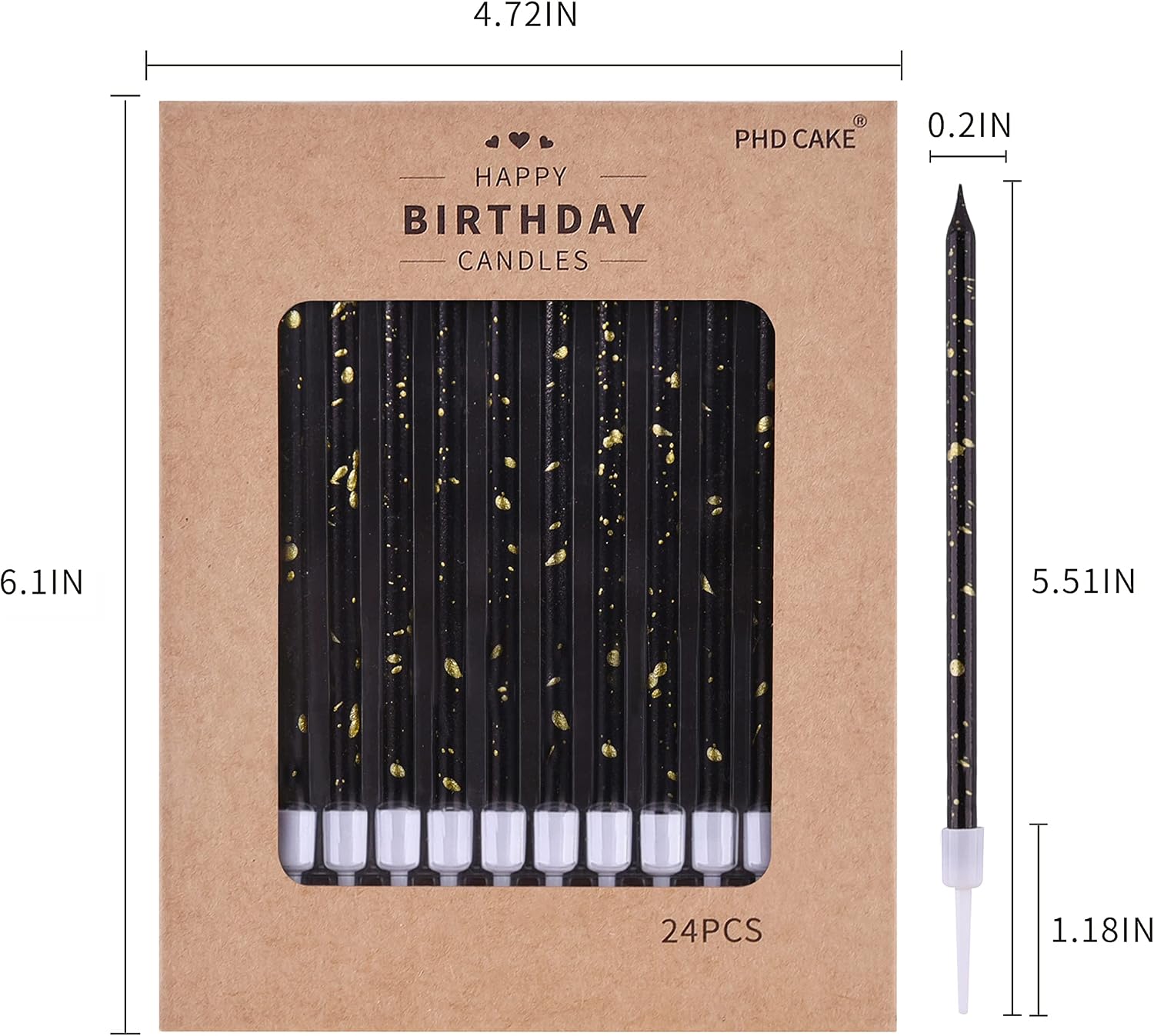 PHD CAKE Black Gold Long Thin Birthday Candles, Cake Candles, Birthday Parties, Wedding Decorations, Party Candles