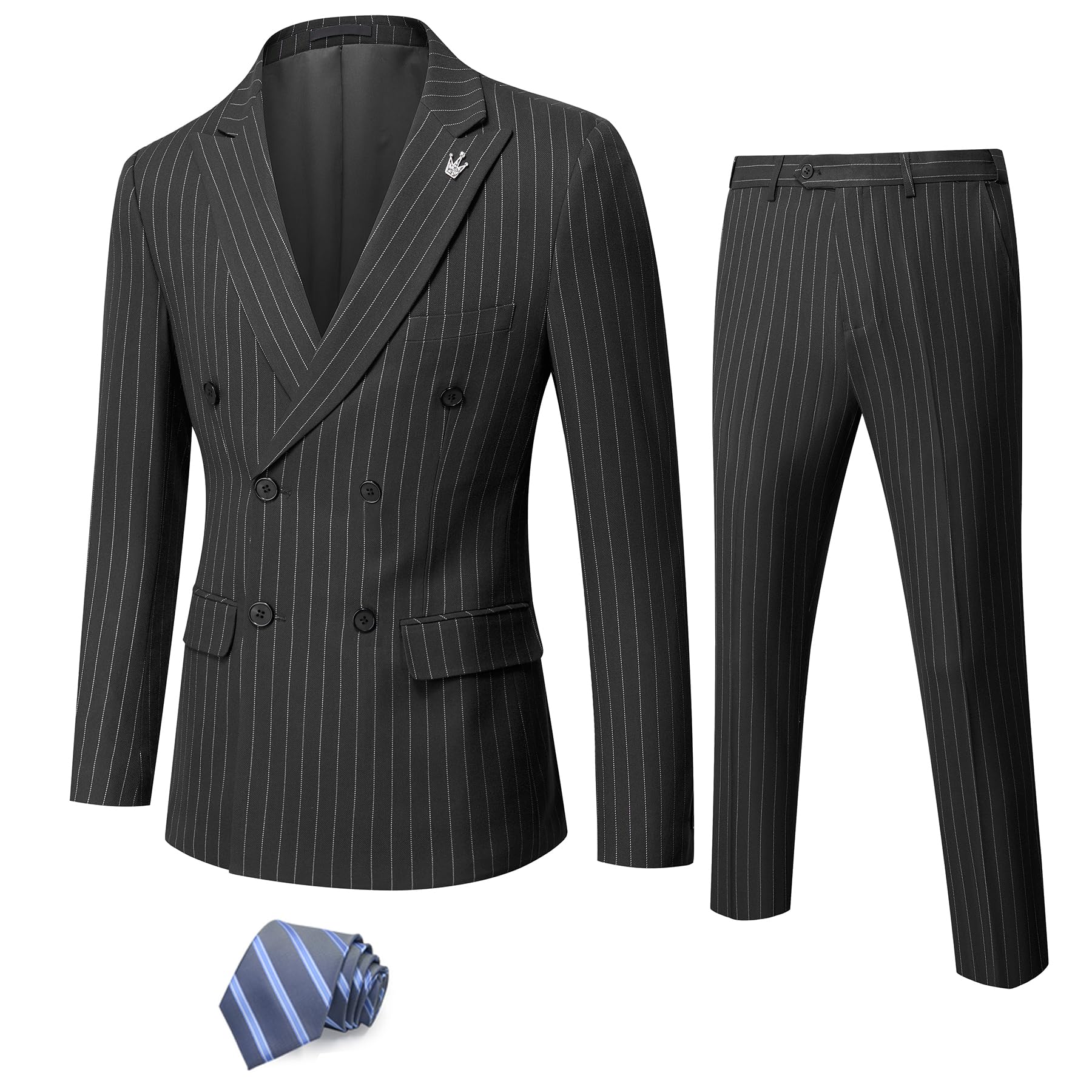 YNDMen's 2 Piece Slim Fit Suit, Double-Breasted Stripe Tuxedo Set with Tie, Party Wedding Dress Blazer, Tux and Trousers