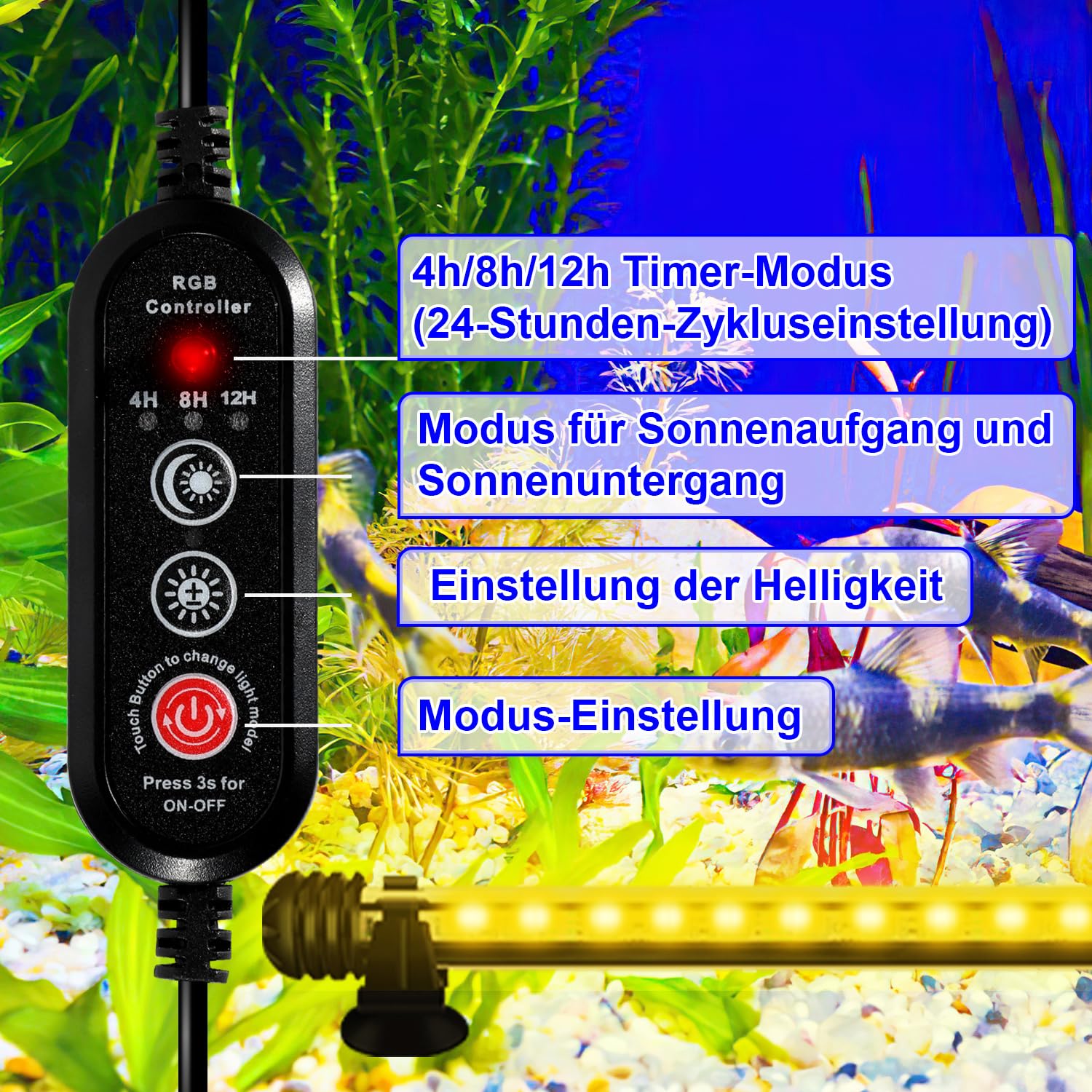 Aquarium LED Beleuchtung Unterwasser Aquarium Lampe RGB 13,2W LED Aquarium Licht mit Fernbedienung, Timer 4/8/12h, 10 Dimmstufen, 13 Farben, Wasserdicht IP67 für 120-150cm Aquarien
