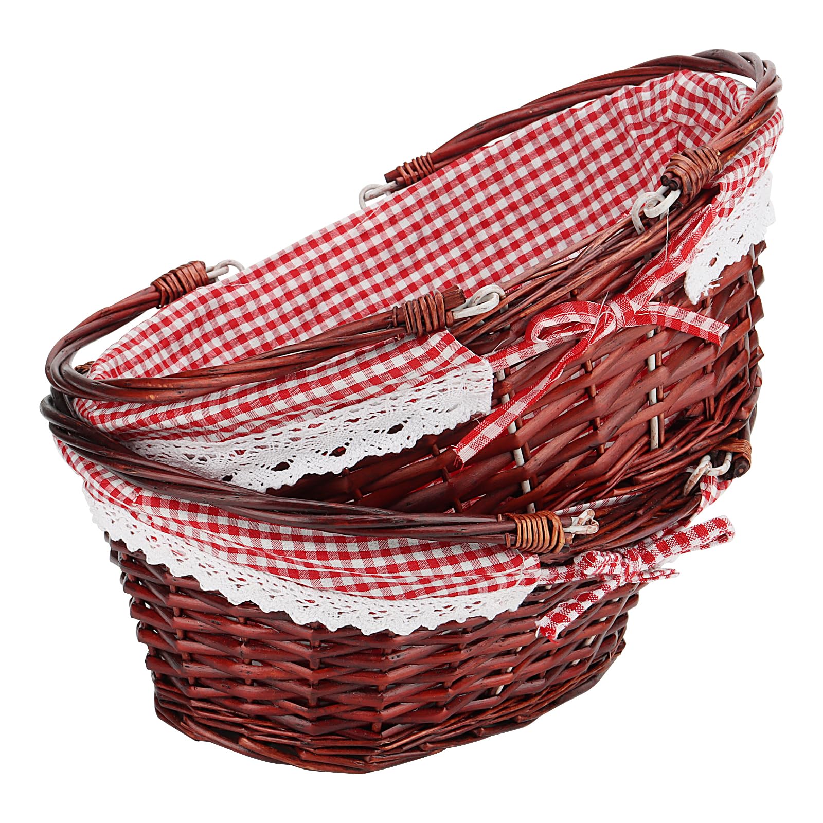 JOIKIT 2Pcs Brown Oval Traditional Wicker Shopping Storage Basket with Folding Handles and Fabric Lining, Wicker Picnic Willow Basket for Wedding, Party