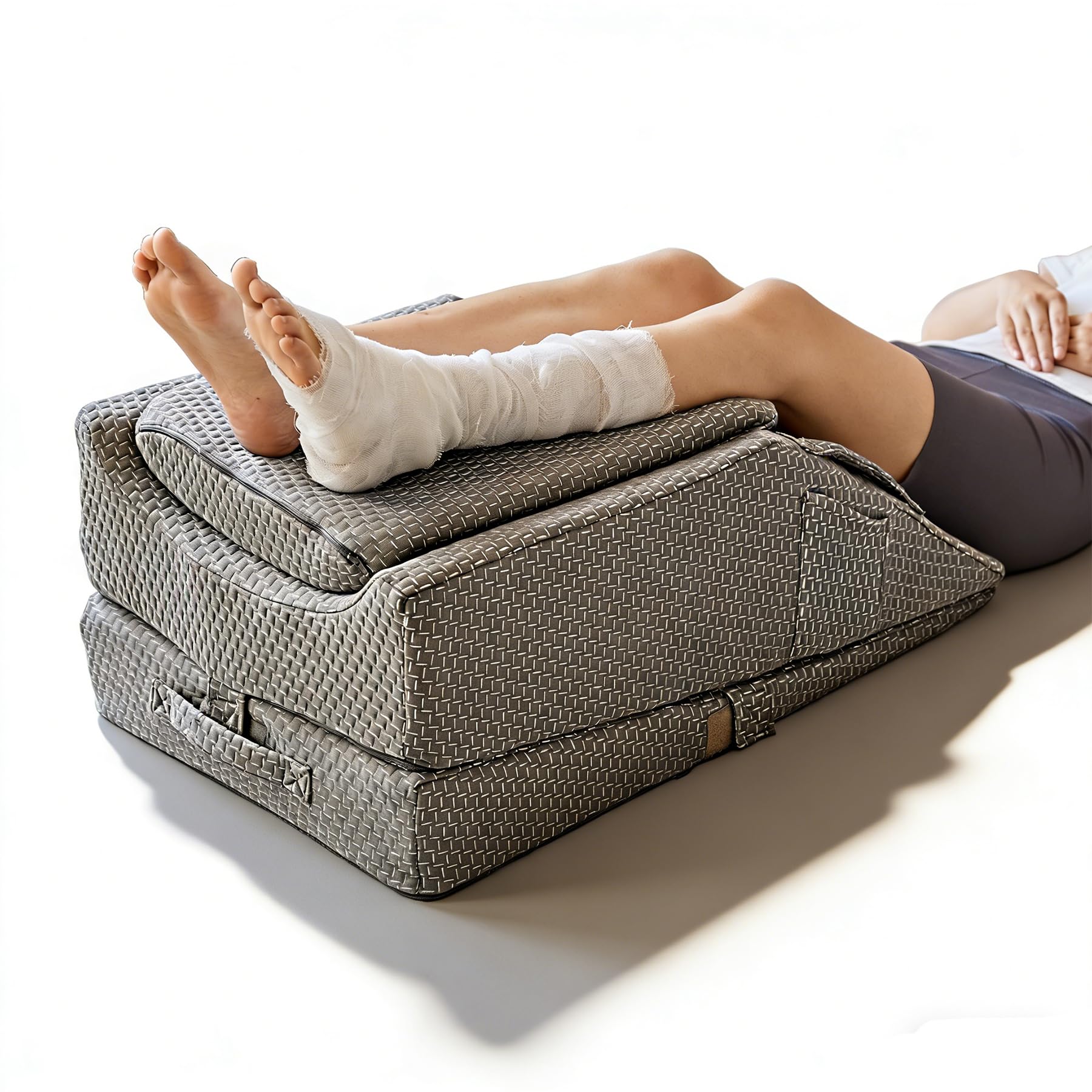 9-in-1 Multifunctional Dual Leg Elevation Pillow, 3 Modes for Knee,Ankle & Leg Raise, Height Adjustable U-Groove Leg Positioner, Side Pockets & Handles, Washable Air-Layer Cover (Gray Backed Stripes)