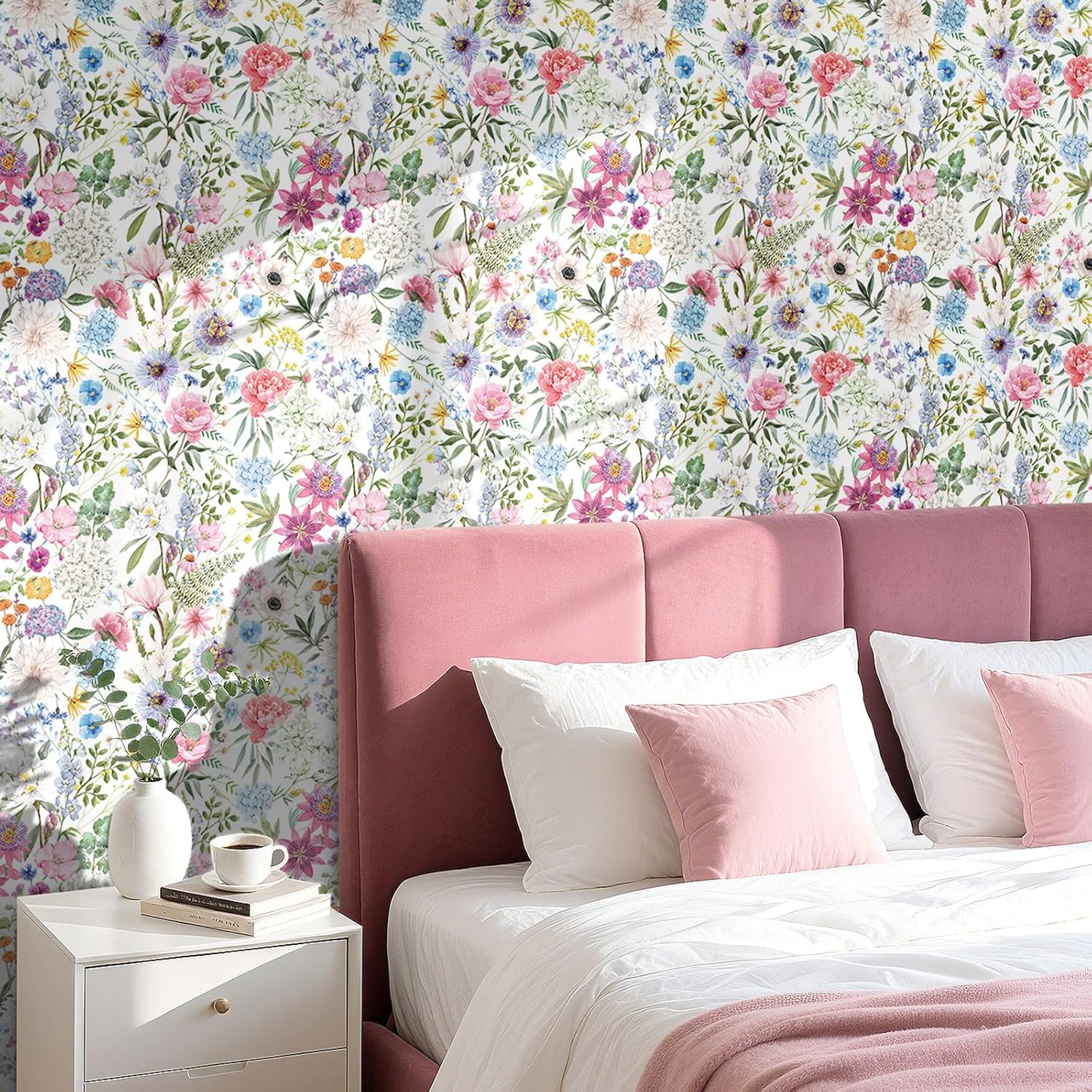 ReWallpaper 15.8inx23ft Pastel Pink Blue Floral Peel and Stick Wallpaper Cottage Core Peony Lily Daisy Poppy Flowers Self Adhesvie Wall Covering for Girls Room Living Room Bedroom Laundry Room Accent