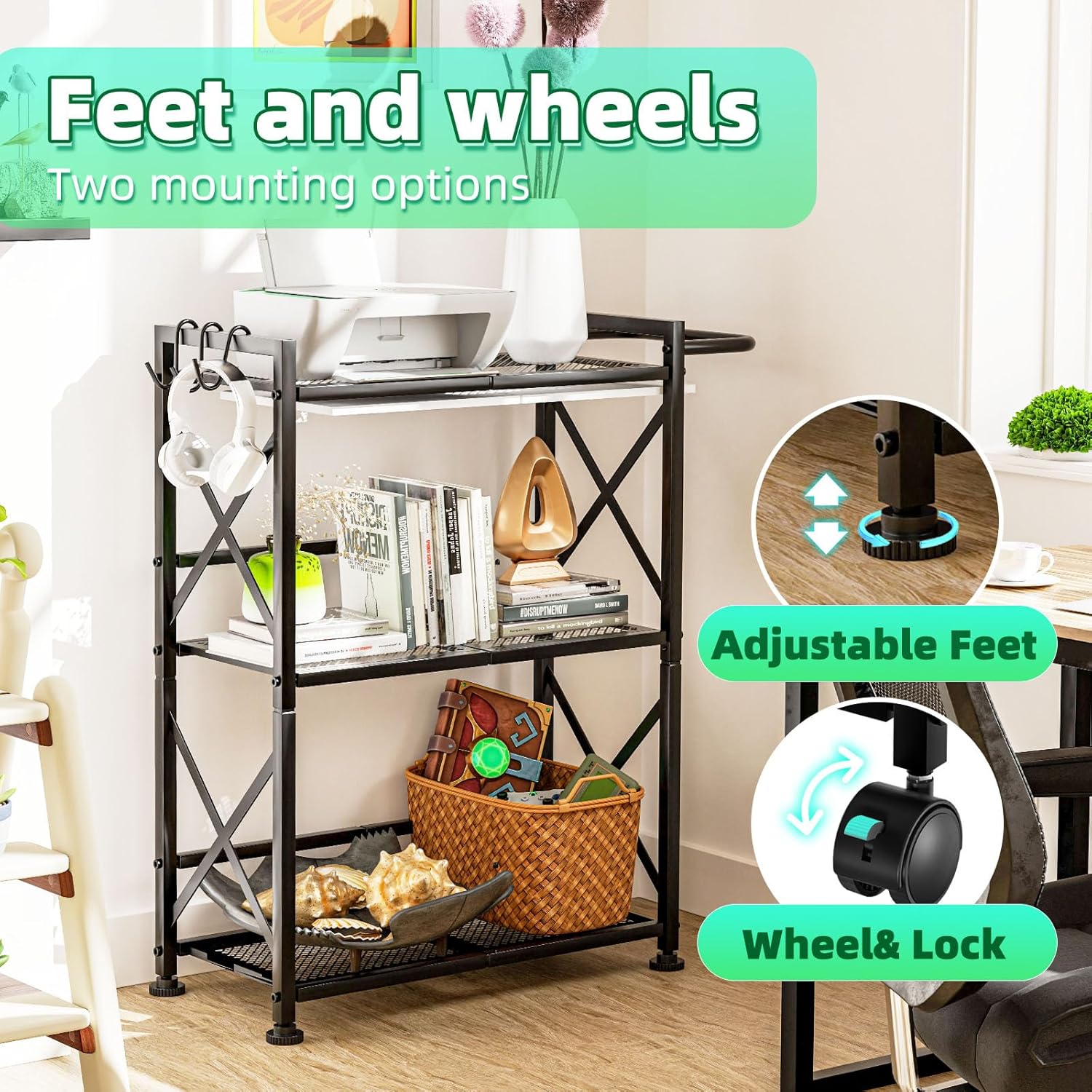 Simple Trending Rolling Cart, 3 Tier Bar Cart with Wheels, Heavy Duty Metal Storage Dining Cart for Kitchen, Black