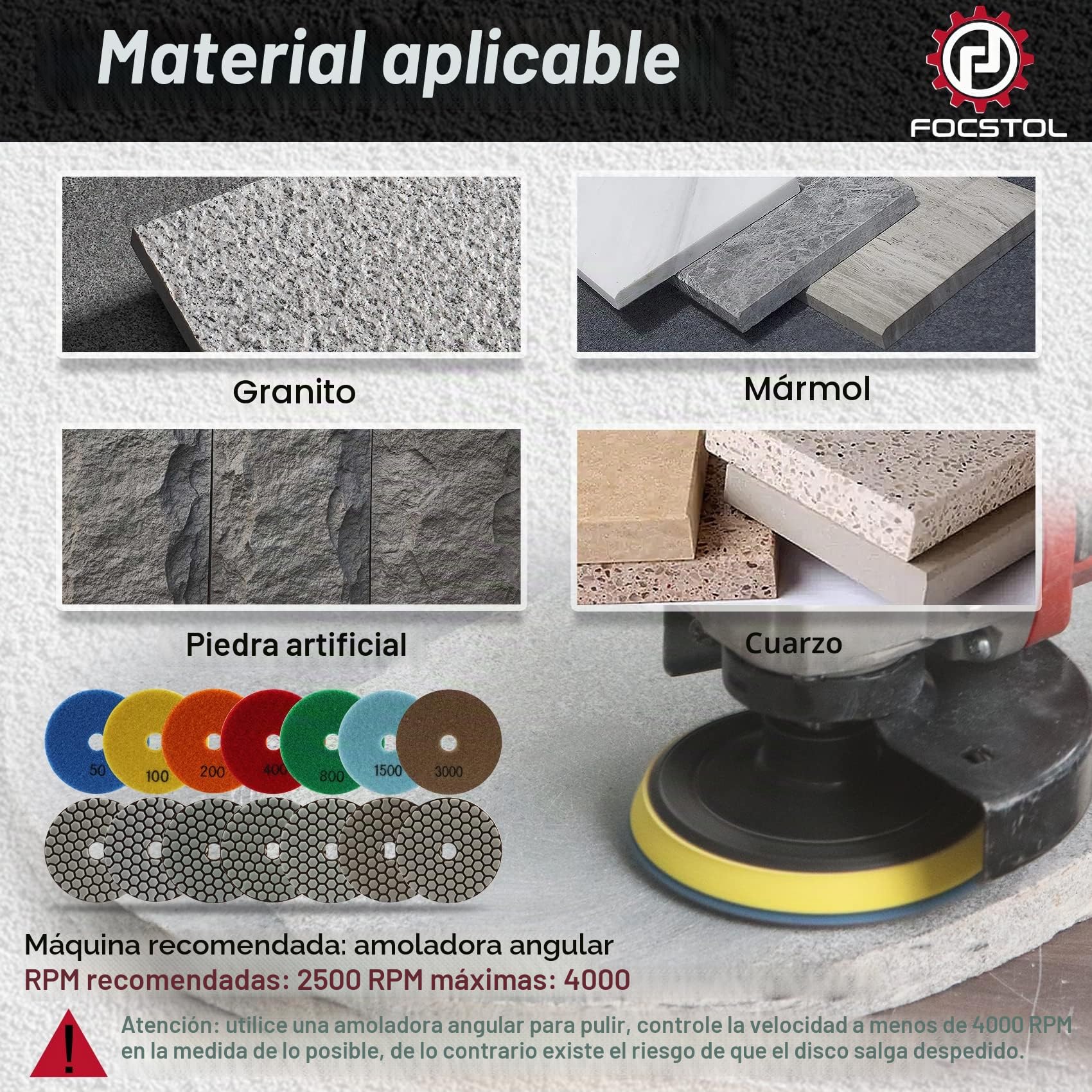 FOCSTOL Almohadilla de Pulido Diamante - 7 piezas 100mm (#50-#3000) Disco Diamante Pulir con Adaptador de M14 Rosca para Granito Mármol Piedra Artificial Cuarzo para Amoladora Angular
