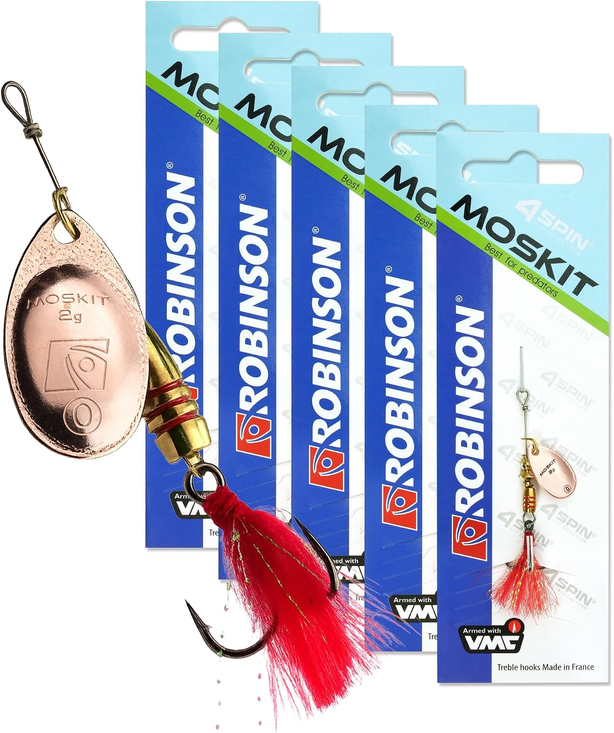 ROBINSON Spinner Fishing Lure Set of 5 with Intense Vibrations & Wide Spinner Blade - VMC Treble Hook & Stimulation Line - Artificial Bait for Pike Perch & Trout